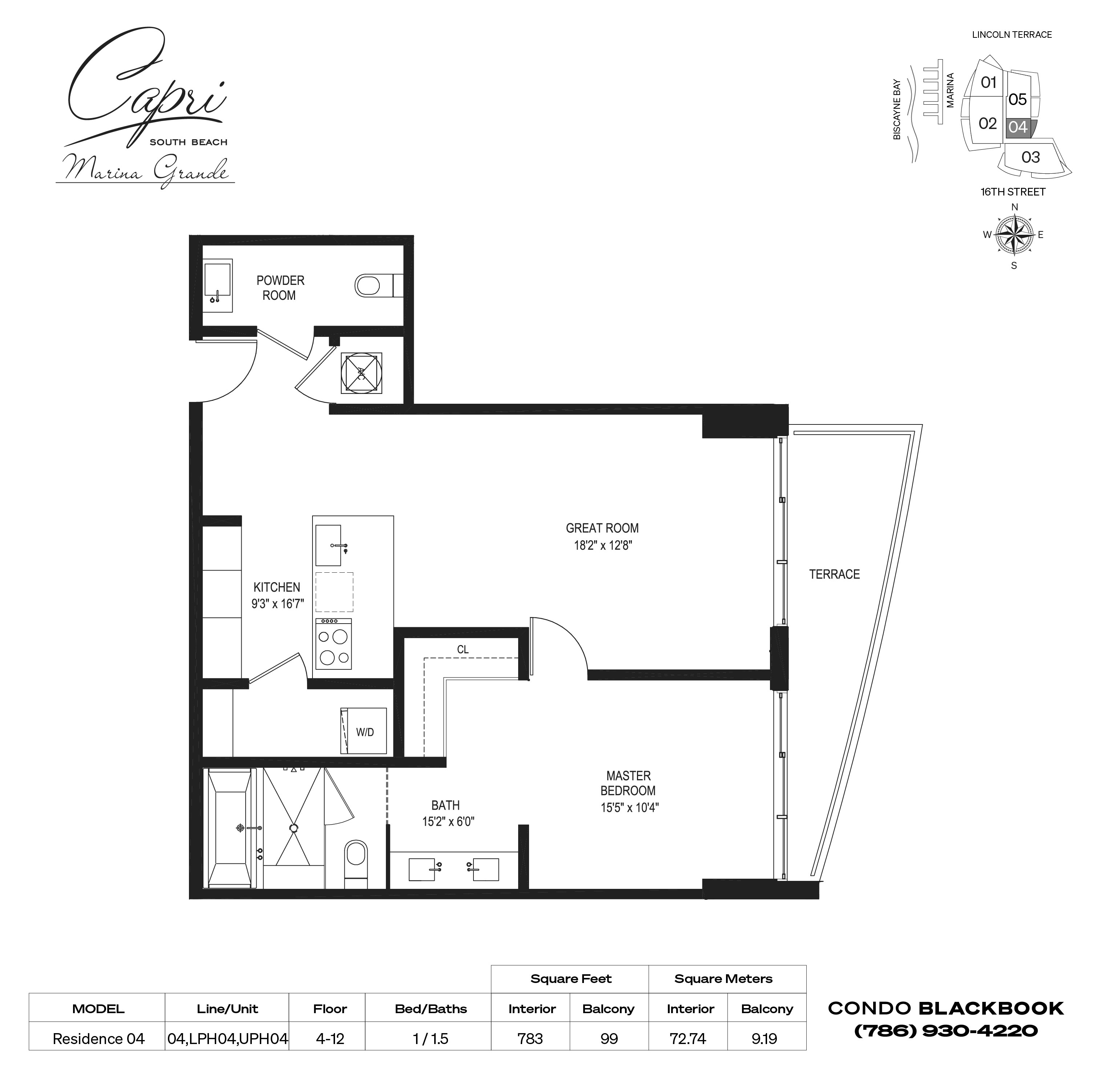 Floor plan for Capri Marina Grande South Beach Miami Beach, model Residence 04, line 04,LPH04,UPH04, 1 / 1.5 bedrooms, 783 sq ft