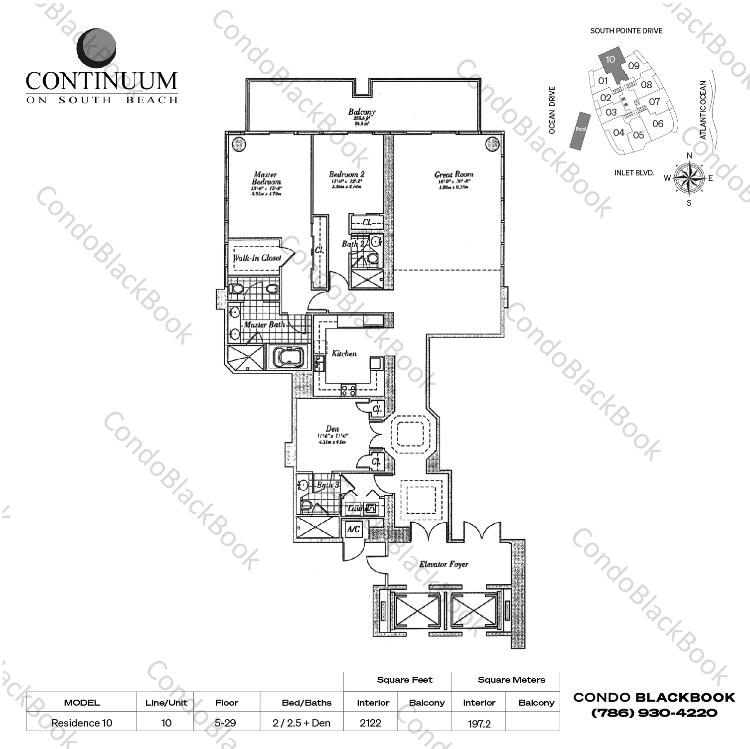 Floor plan for Continuum I South South Beach Miami Beach, model Residence 10, line 10, 2 / 2.5 + Den bedrooms, 2122 sq ft