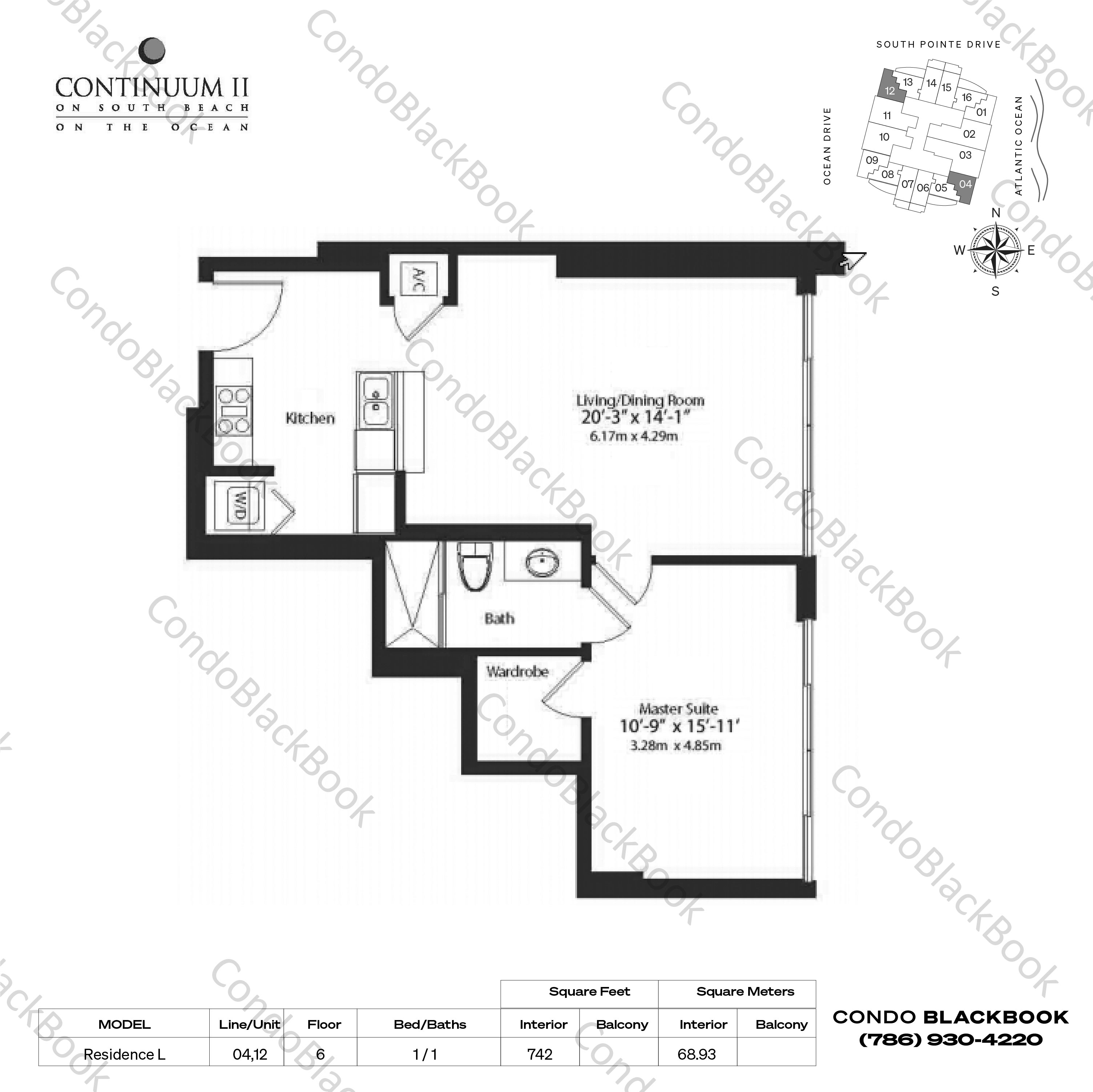 Floor plan for Continuum II North South Beach Miami Beach, model Residence L, line 04,12, 1 / 1 bedrooms, 742 sq ft