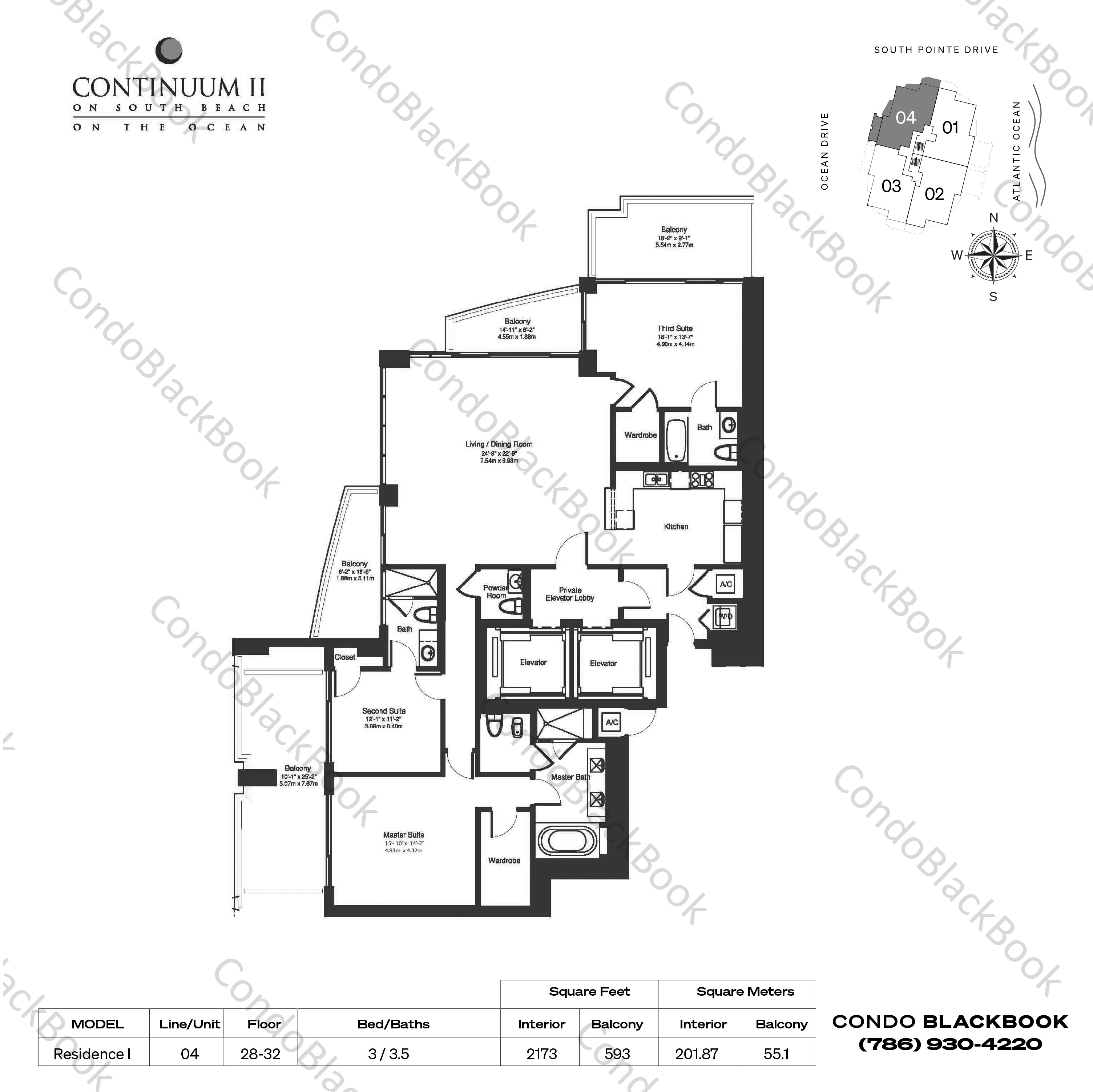 Floor plan for Continuum II North South Beach Miami Beach, model Residence I, line 04, 3 / 3.5 bedrooms, 2173 sq ft