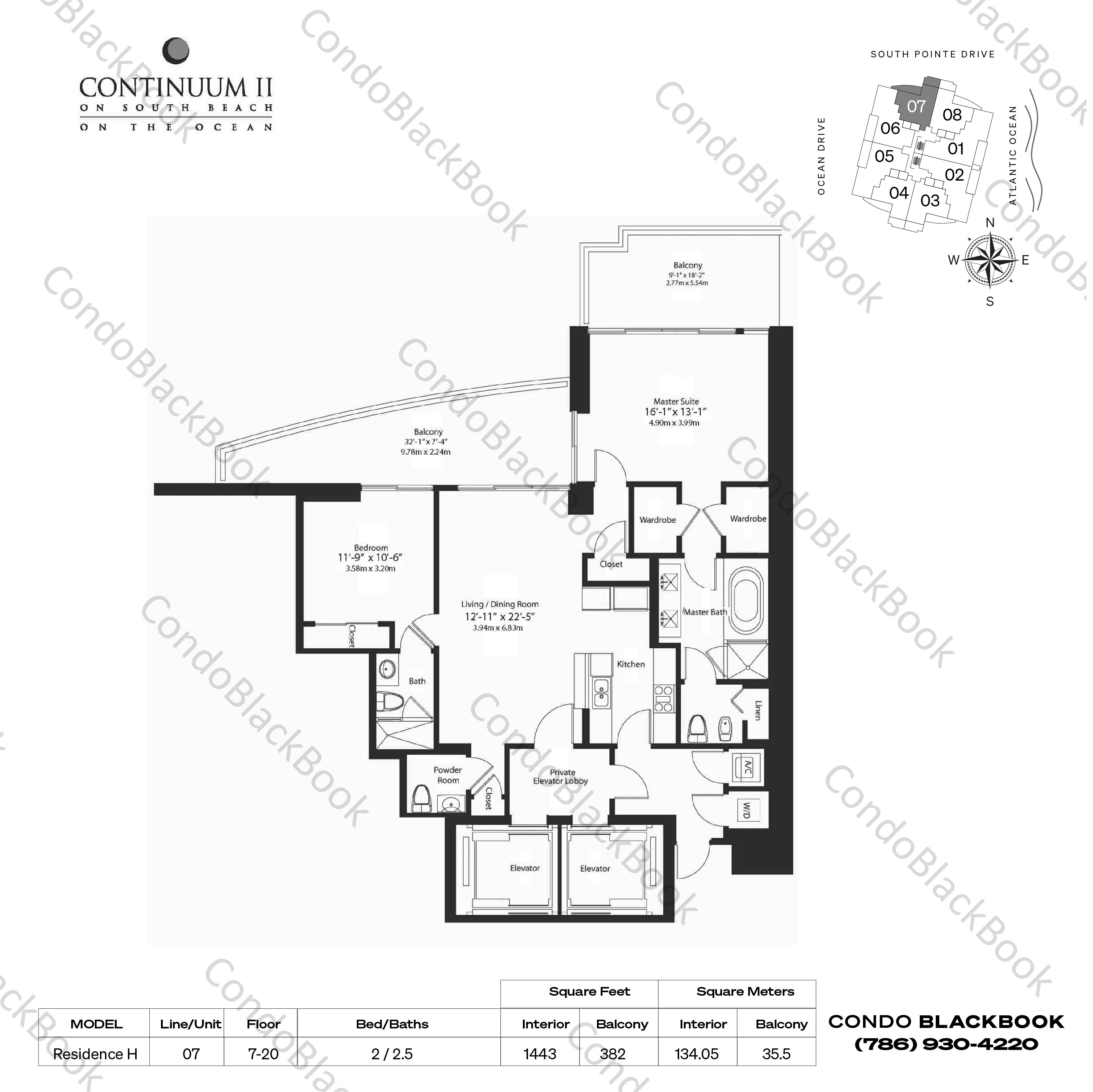 Floor plan for Continuum II North South Beach Miami Beach, model Residence H , line 07, 2 / 2.5 bedrooms, 1443 sq ft