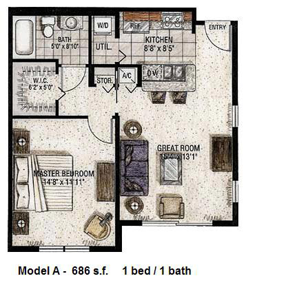Floor plan for Cosmopolitan South Beach Miami Beach, model A, line (BLDG 1) 06,12,18,22 , 1/1 bedrooms, 686 sq ft