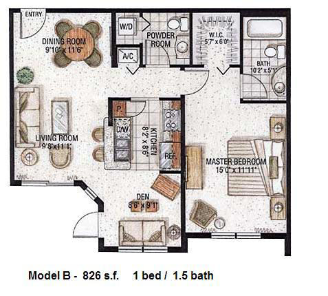 Floor plan for Cosmopolitan South Beach Miami Beach, model B, line (BLDG 1) 02,03,07,16,19,23, 1/1.5 +Den bedrooms, 826 sq ft