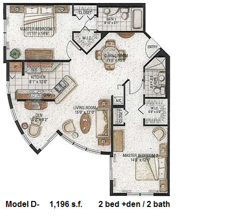 Floor plan for Cosmopolitan South Beach Miami Beach, model D, line (BLDG 1) 01,09,21,24, 2/2 +Den bedrooms, 1196 sq ft