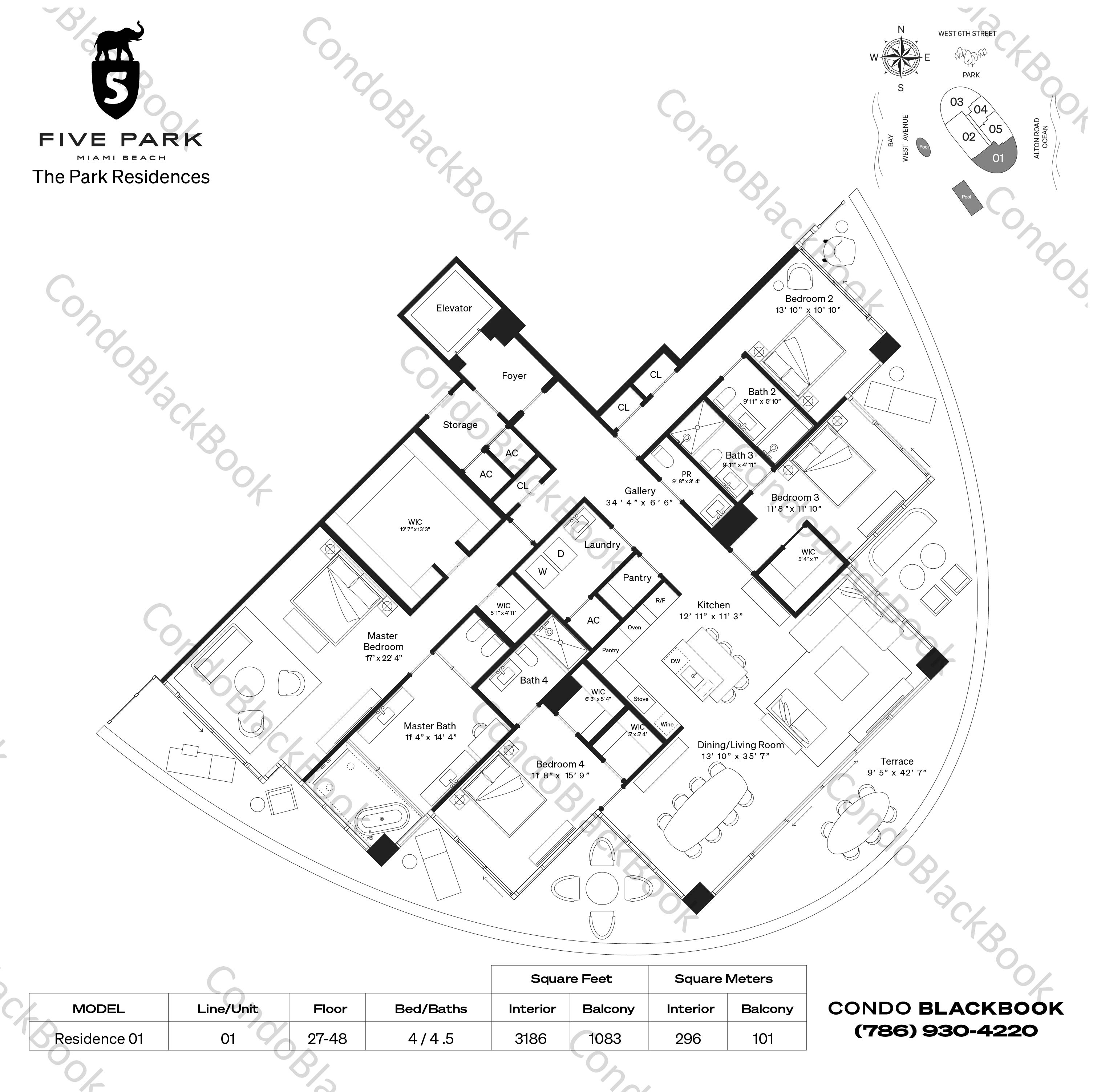 Floor plan for Five Park South Beach Miami Beach, model Residence 01, line 01, 4 / 4 .5 bedrooms, 3186 sq ft