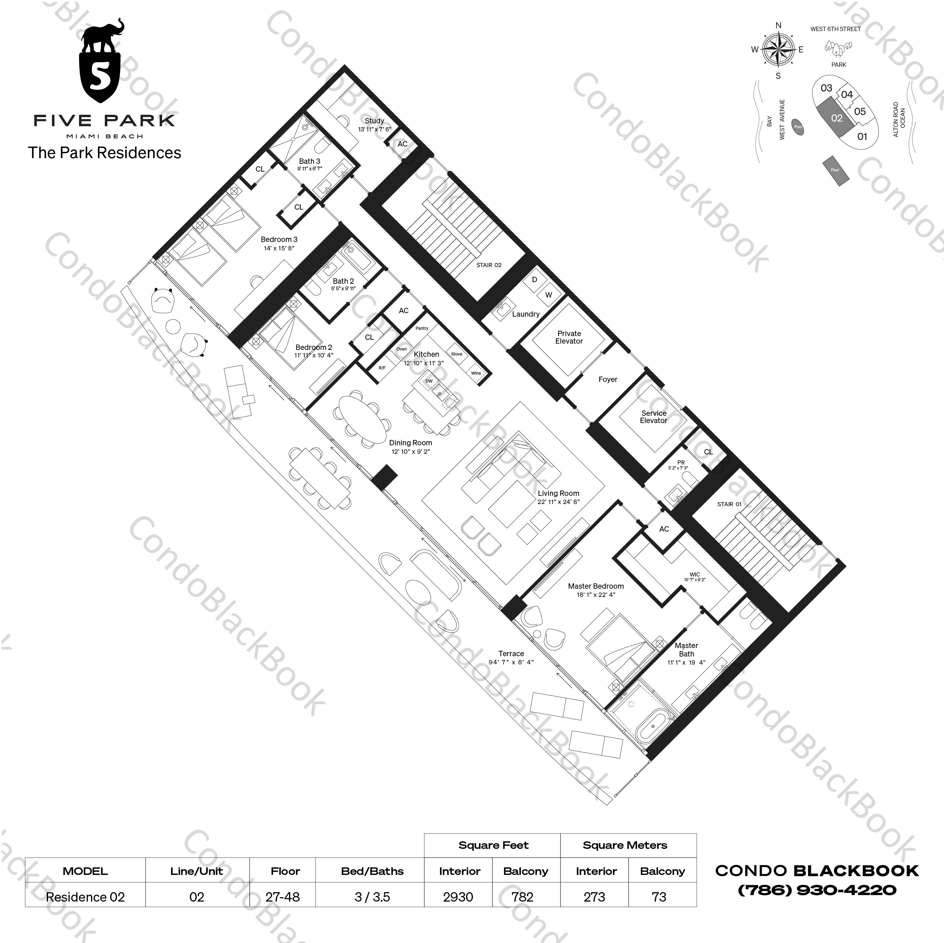 Floor plan for Five Park South Beach Miami Beach, model Residence 02, line 02, 3 / 3.5 bedrooms, 2930 sq ft