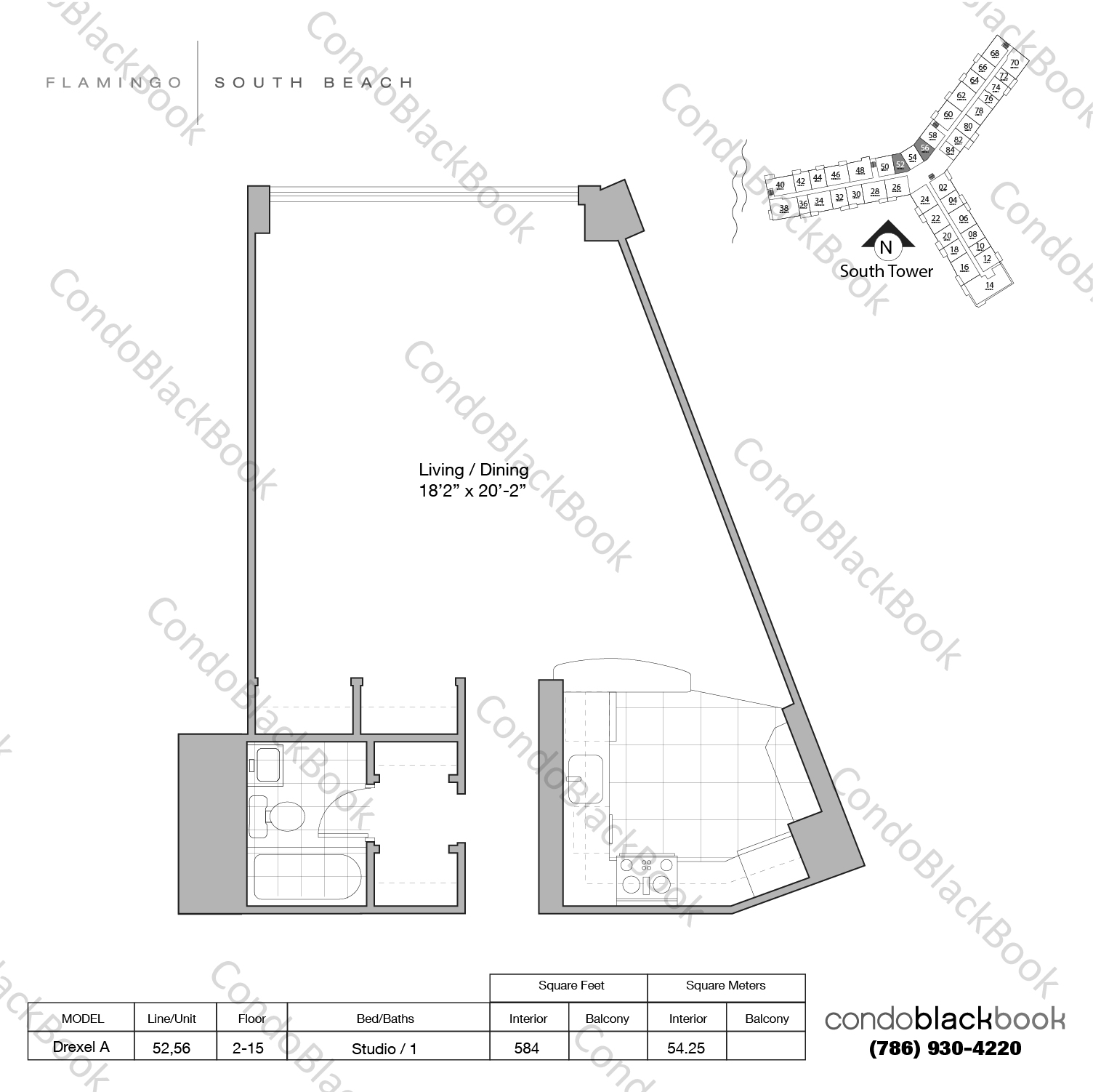 Floor plan for Flamingo South Beach South Beach Miami Beach, model Drexel A, line 52,56, Studio / 1 bedrooms, 584 sq ft