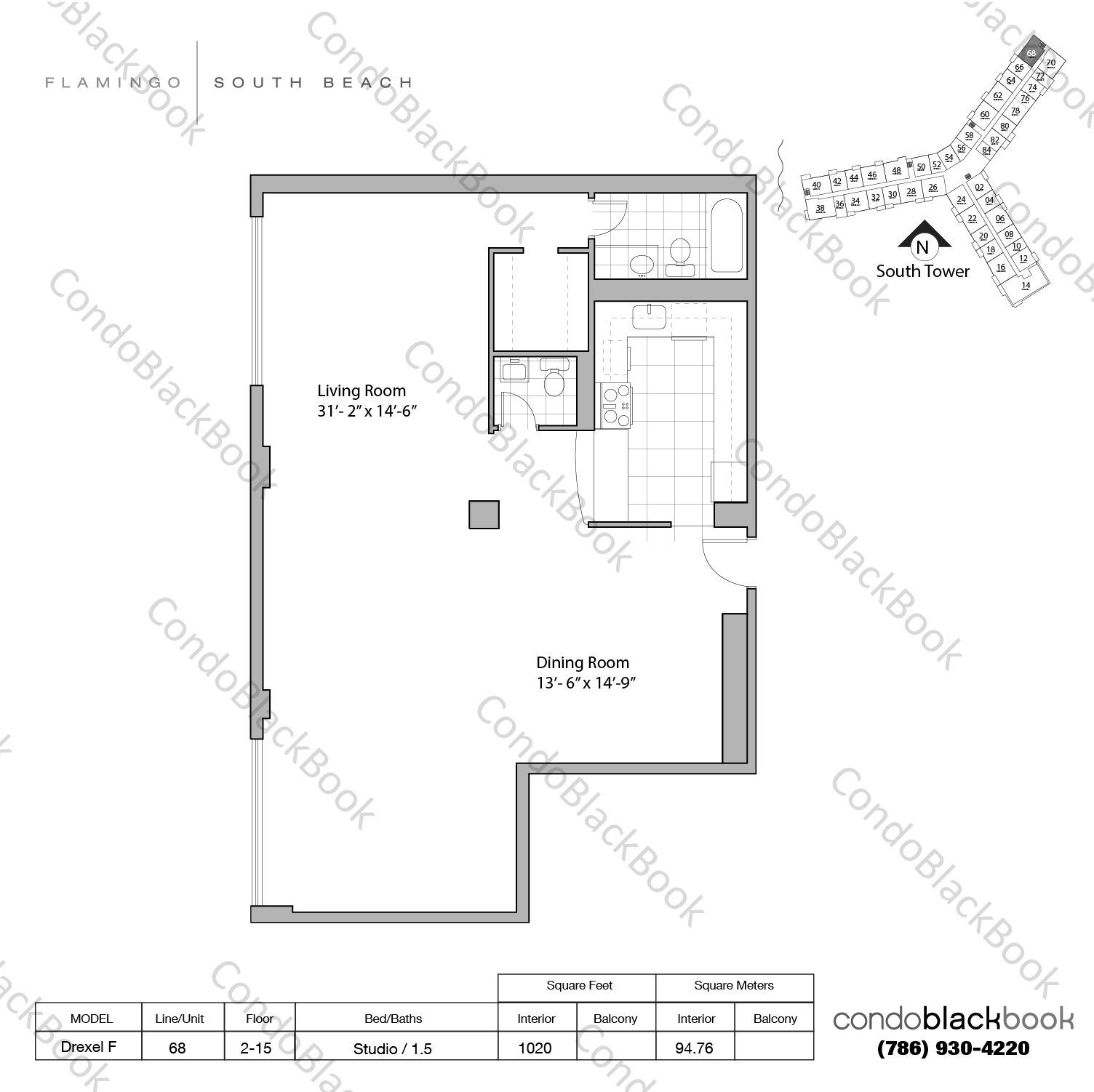 Floor plan for Flamingo South Beach South Beach Miami Beach, model Drexel F, line 68, Studio / 1.5 bedrooms, 1020 sq ft