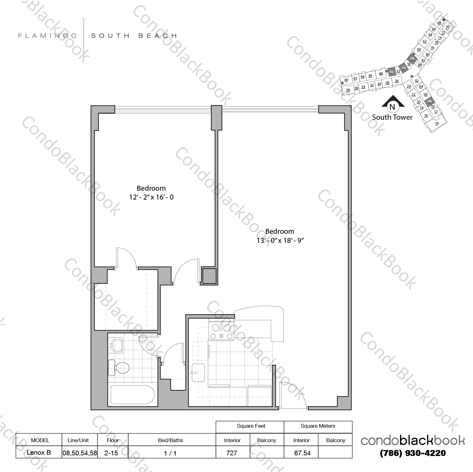Floor plan for Flamingo South Beach South Beach Miami Beach, model Lenox B, line 08,50,54,58, 1 / 1 bedrooms, 727 sq ft