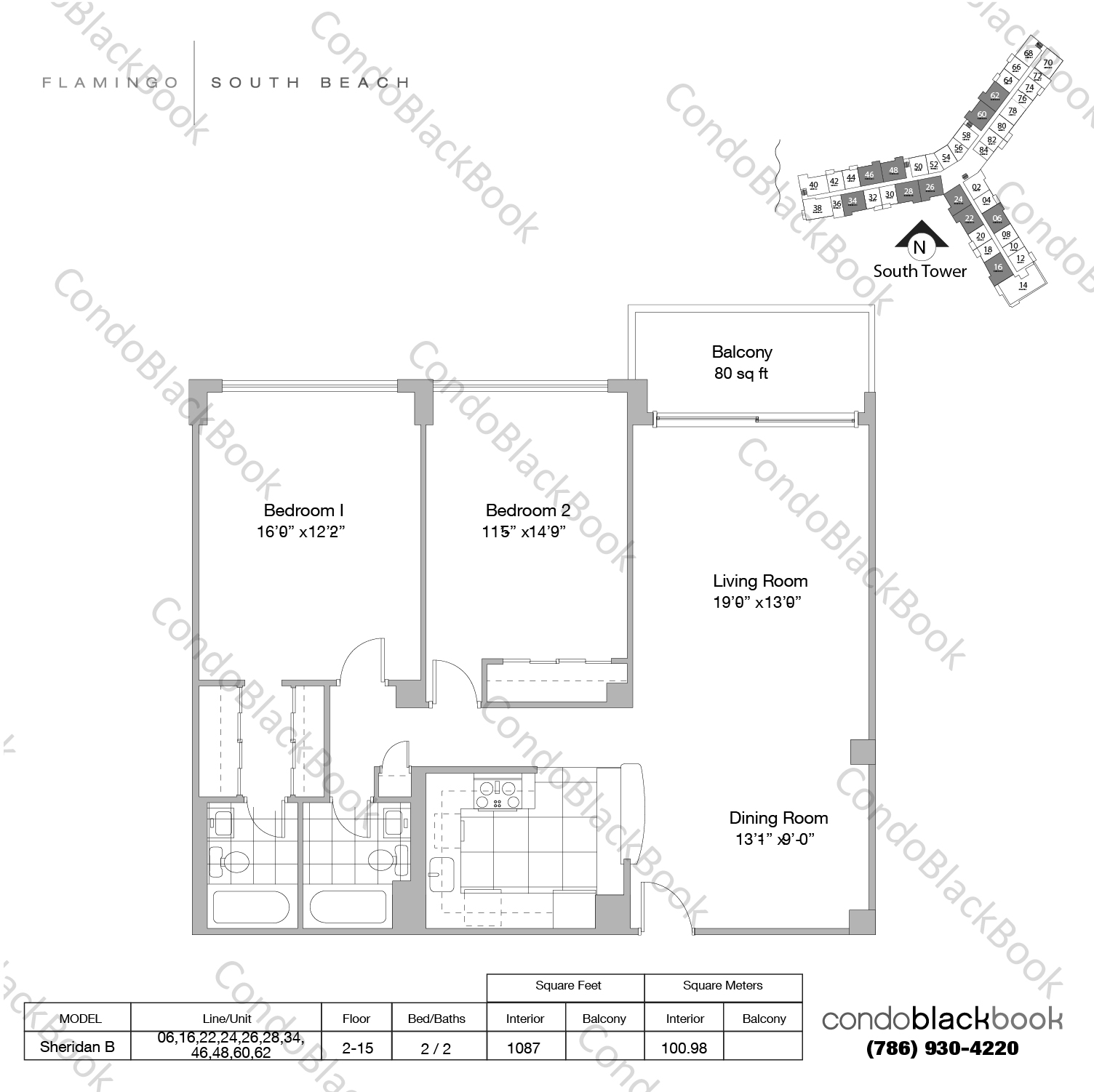 Floor plan for Flamingo South Beach South Beach Miami Beach, model Sheridan B, line 06,16,22,24,26,28,34,46,48,60,62, 2 / 2 bedrooms, 1087 sq ft
