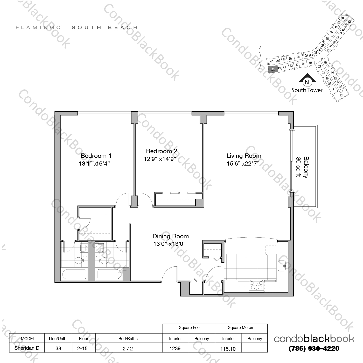 Floor plan for Flamingo South Beach South Beach Miami Beach, model Sheridan D, line 38, 2 / 2 bedrooms, 1239 sq ft