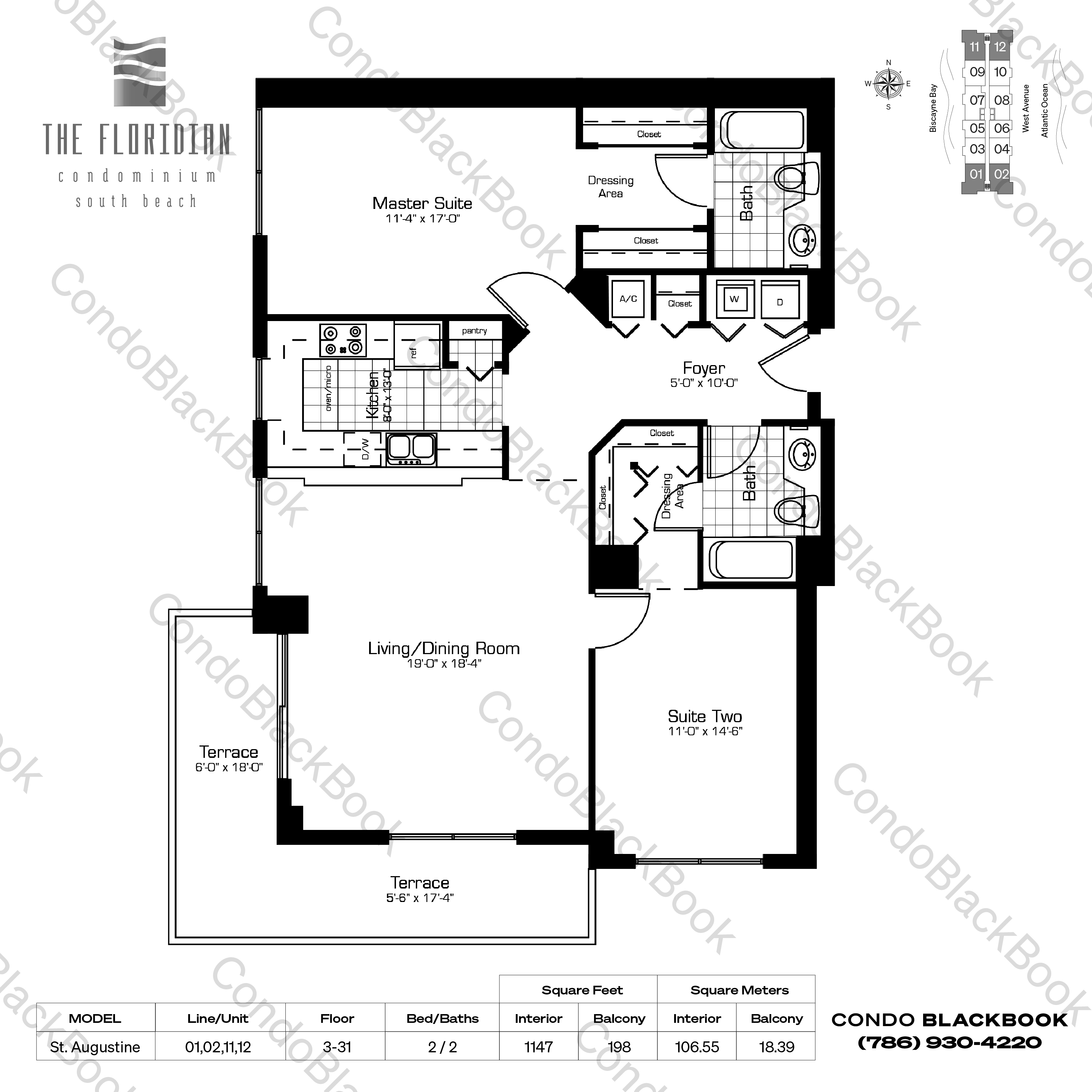 Floor plan for Floridian South Beach Miami Beach, model St. Augustine, line 01,02,11,12, 2 / 2 bedrooms, 1147 sq ft