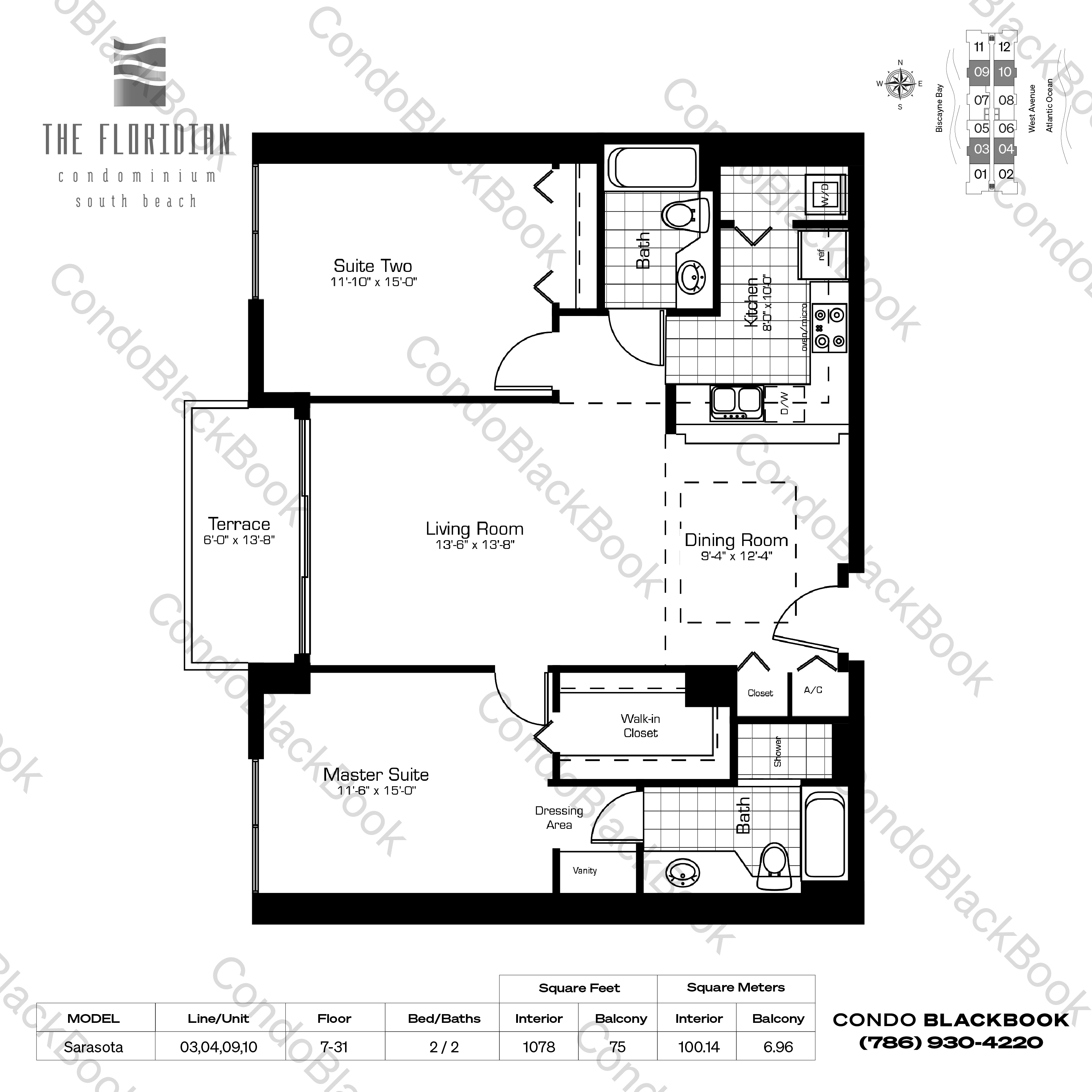 Floor plan for Floridian South Beach Miami Beach, model Sarasota, line 03,04,09,10, 2 / 2 bedrooms, 1078 sq ft