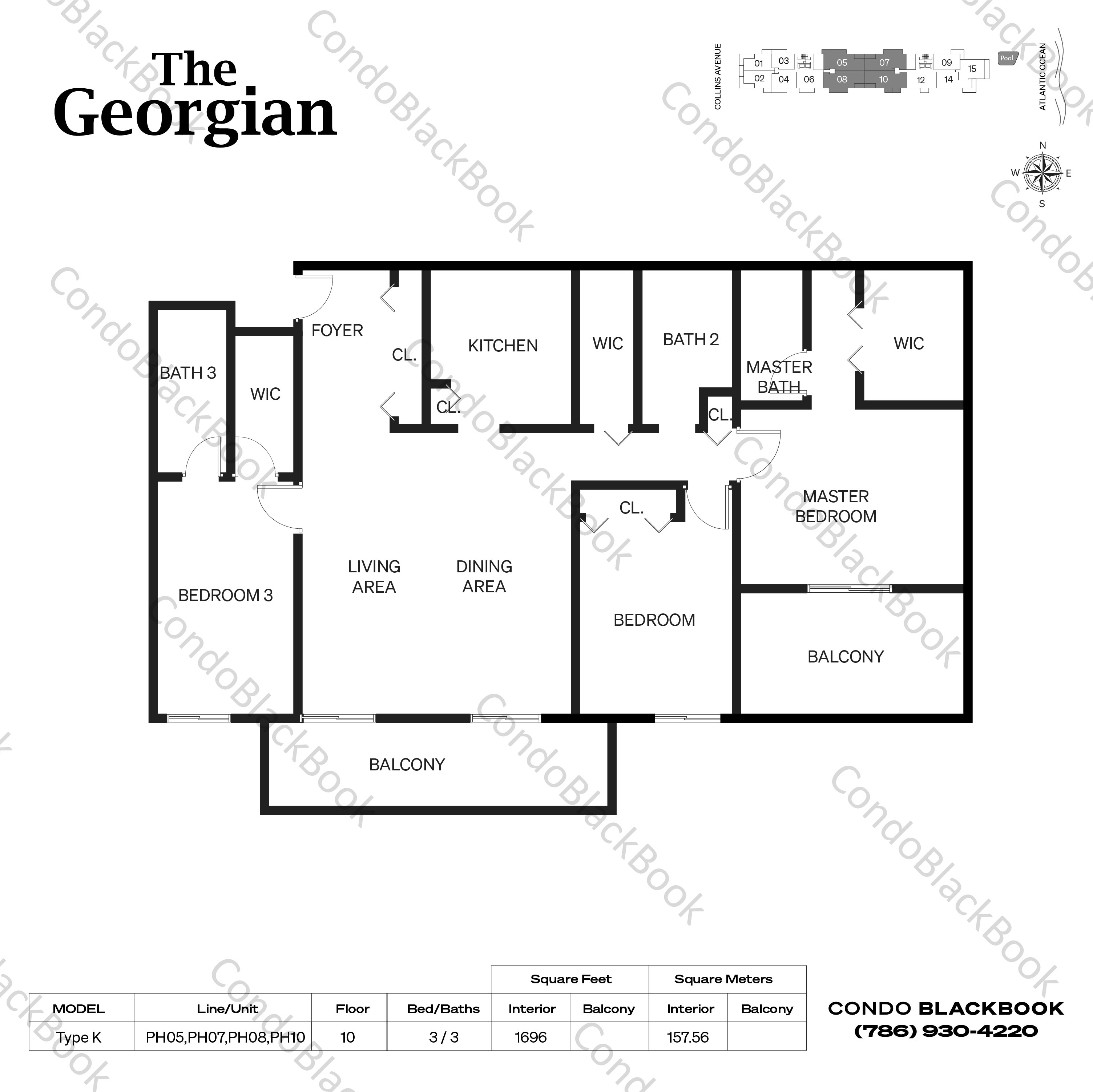 Floor plan for Georgian South Beach Miami Beach, model Type K, line PH05,PH07,PH08,PH10, 3 / 3 bedrooms, 1696 sq ft