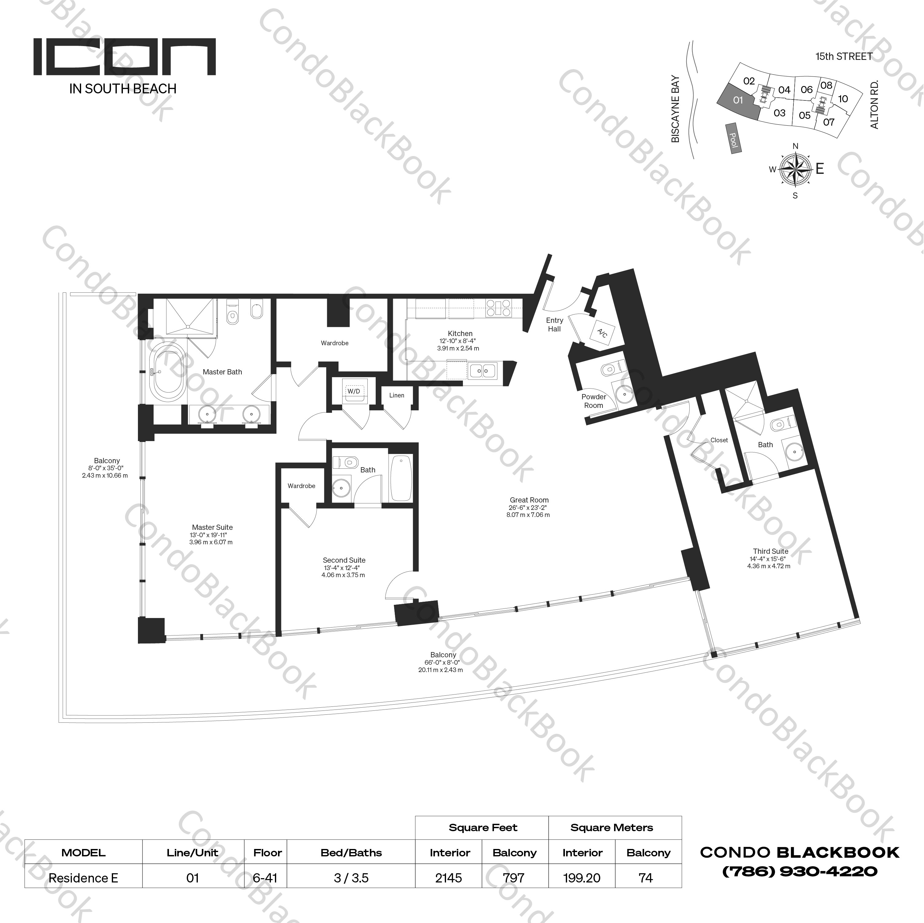 Floor plan for ICON South Beach South Beach Miami Beach, model Residence E, line 01, 3 / 3.5 bedrooms, 2145 sq ft