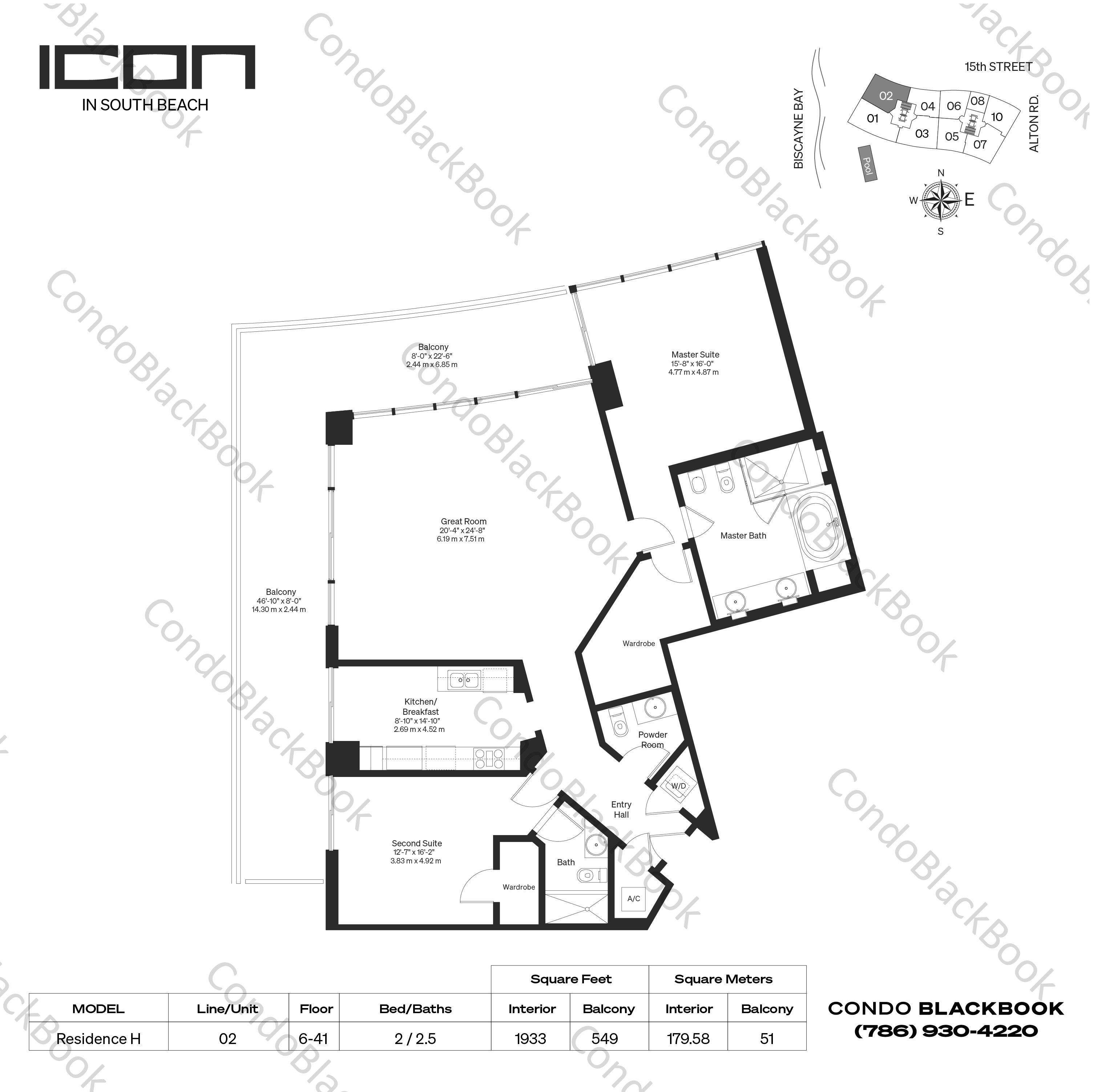 Floor plan for ICON South Beach South Beach Miami Beach, model Residence H, line 02, 2 / 2.5 bedrooms, 1933 sq ft