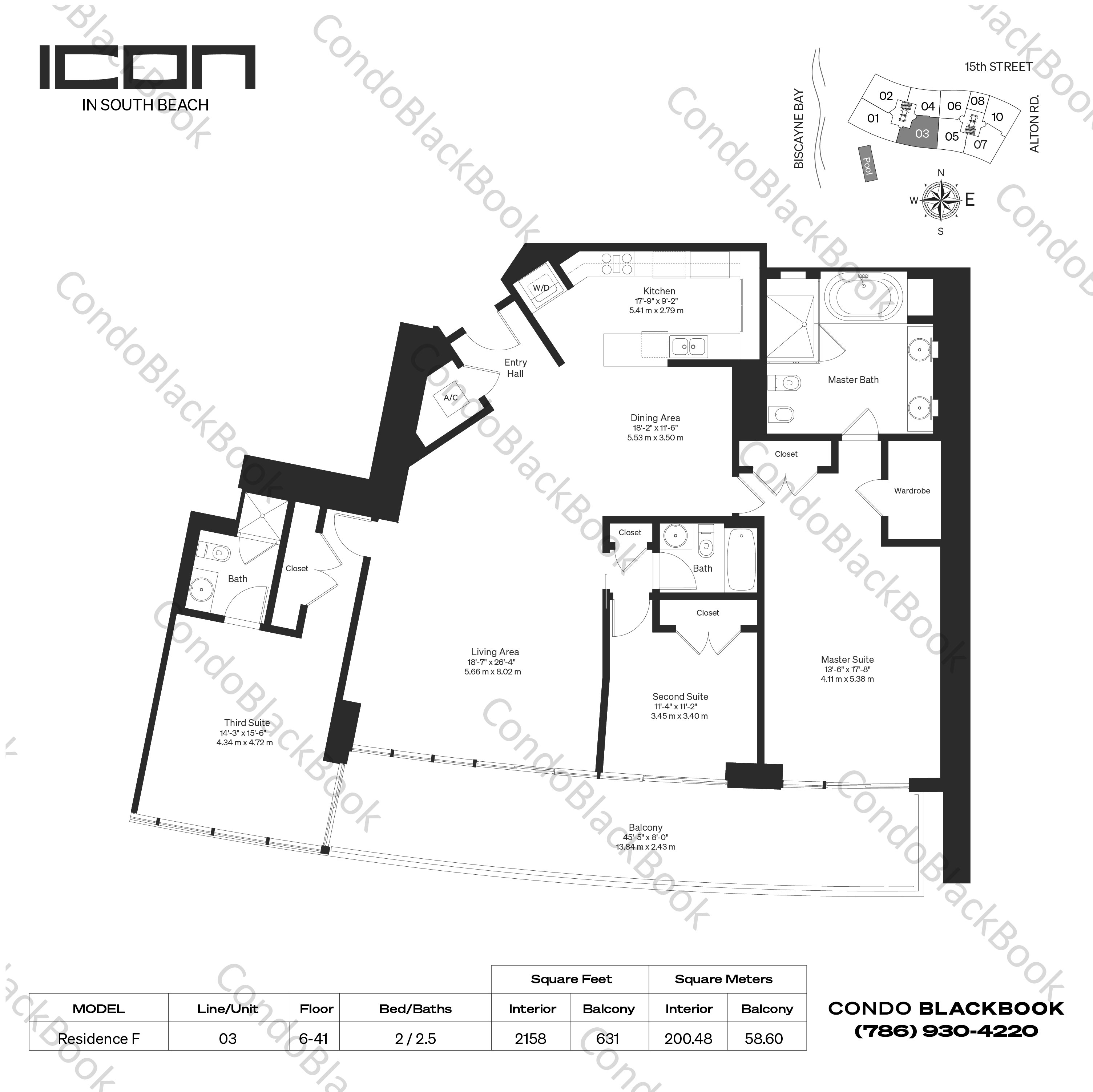 Floor plan for ICON South Beach South Beach Miami Beach, model Residence F, line 03, 2 / 2.5 bedrooms, 2158 sq ft
