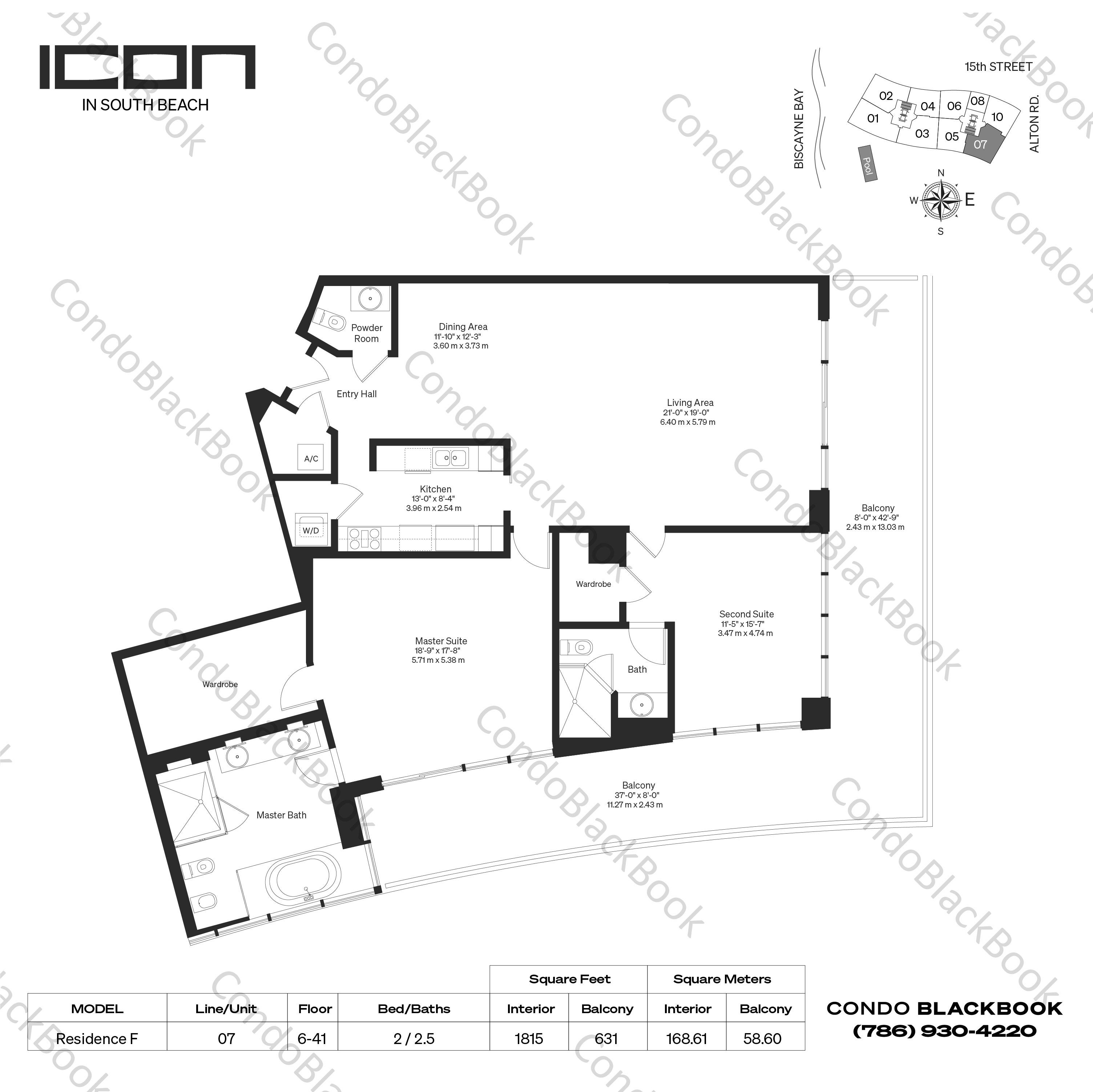 Floor plan for ICON South Beach South Beach Miami Beach, model Residence F, line 07, 2 / 2.5 bedrooms, 1815 sq ft