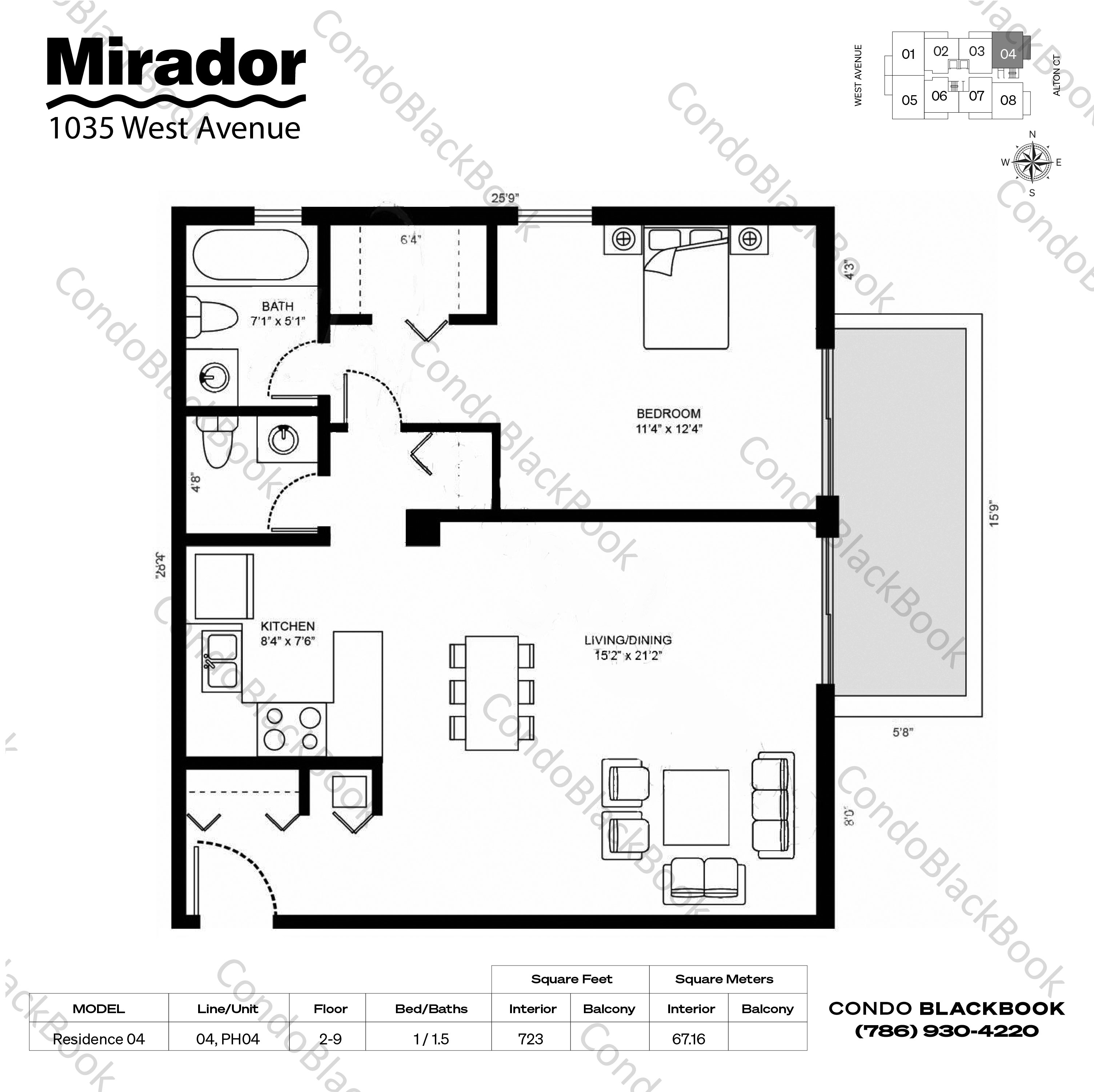 Floor plan for Mirador East South Beach Miami Beach, model Residence 04, line 04, PH04, 1 / 1.5 bedrooms, 723 sq ft