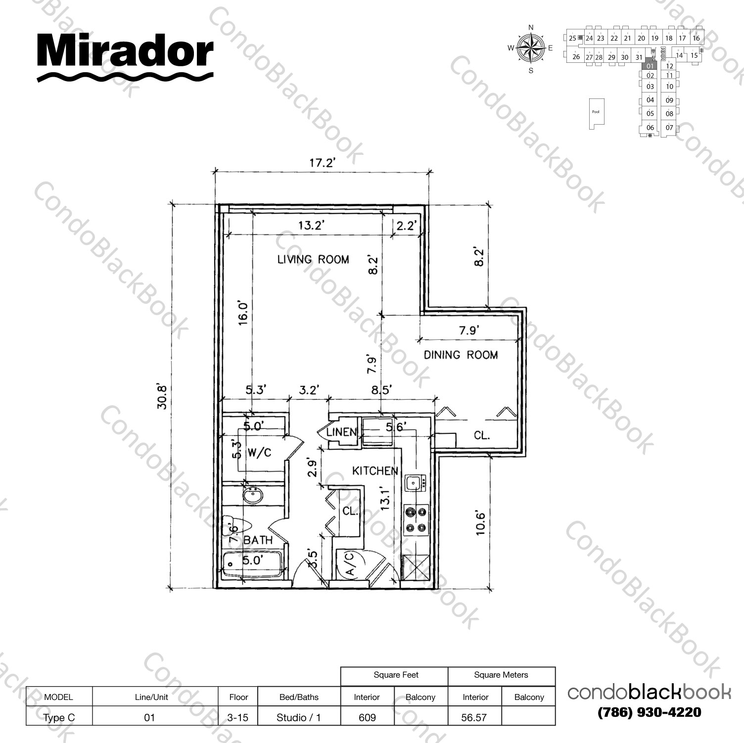 Floor plan for Mirador North South Beach Miami Beach, model Type C, line 01, Studio / 1 bedrooms, 609 sq ft