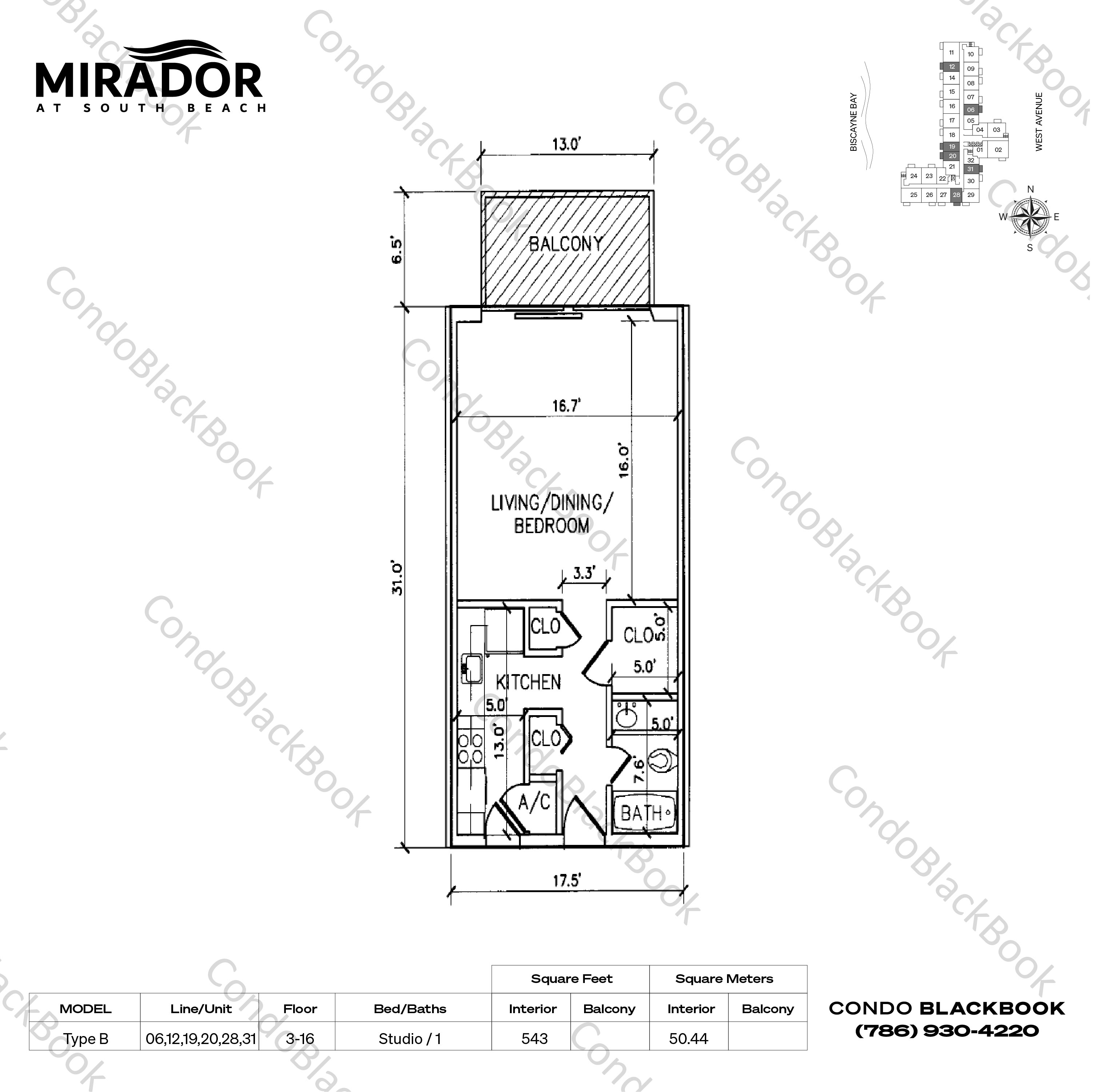 Floor plan for Mirador South South Beach Miami Beach, model Type B, line 06,12,19,20,28,31, Studio / 1 bedrooms, 543 sq ft