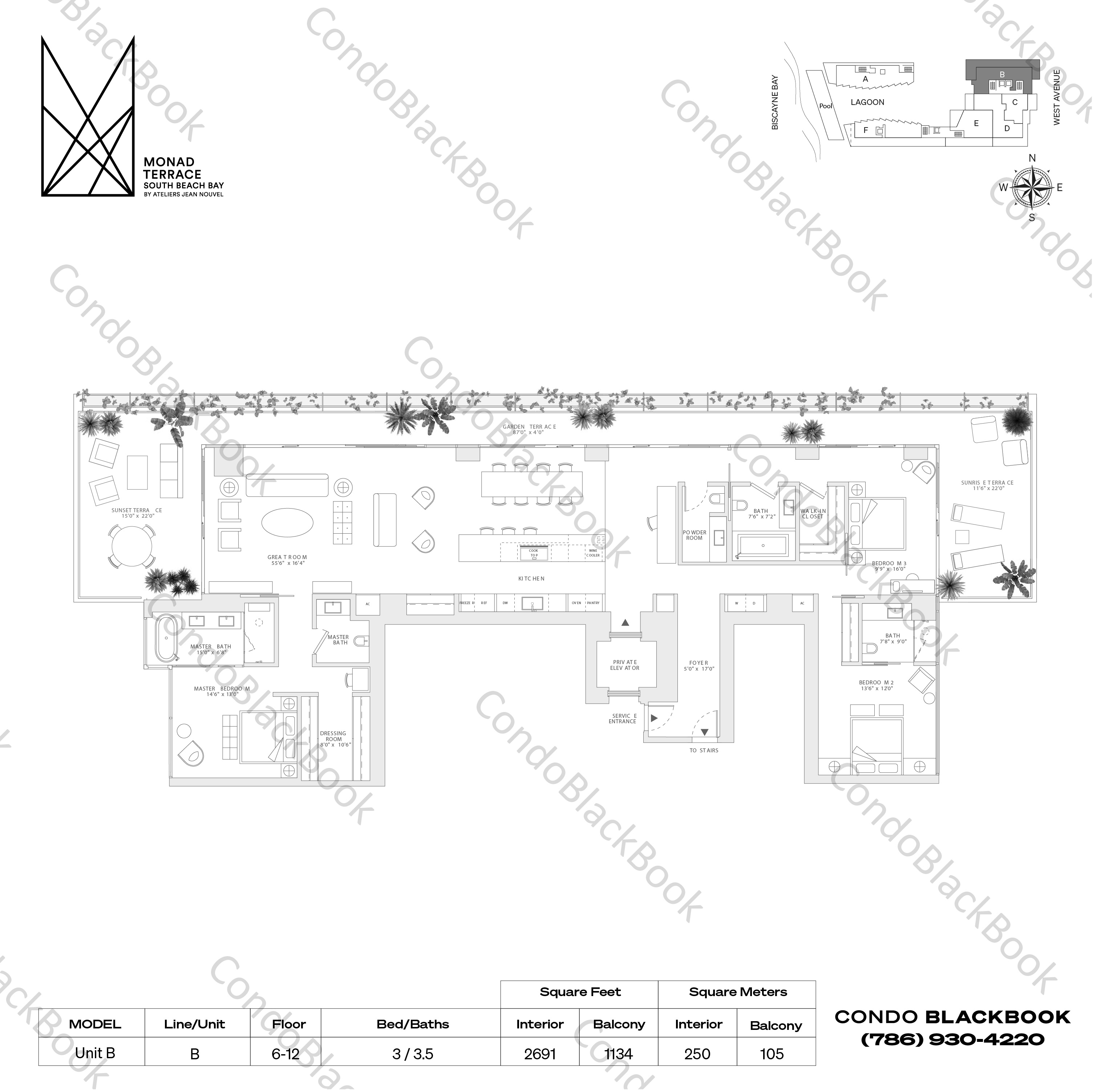 Floor plan for Monad Terrace South Beach Miami Beach, model Unit B, line B, 3 / 3.5 bedrooms, 2691 sq ft