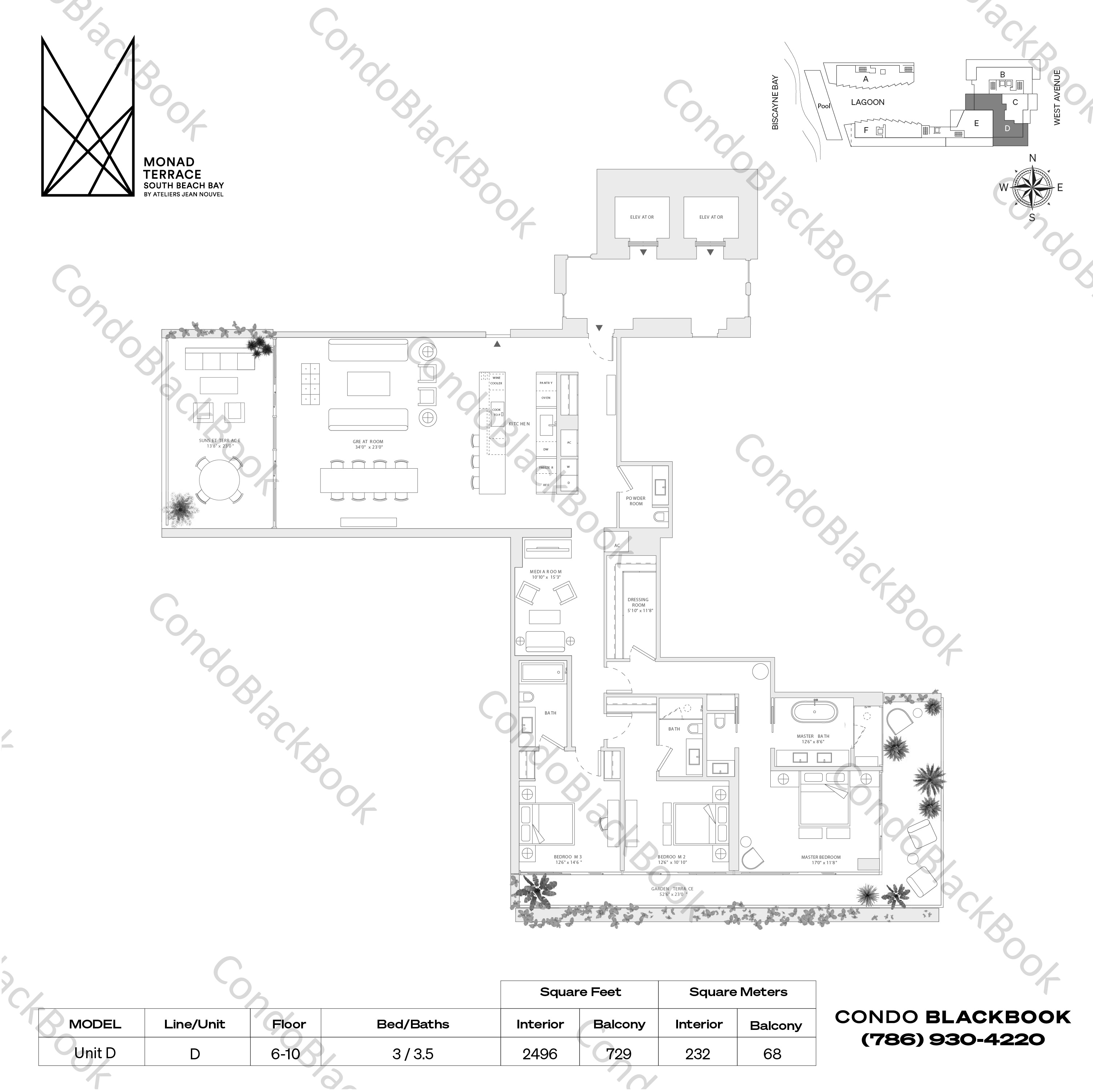 Floor plan for Monad Terrace South Beach Miami Beach, model Unit D, line D, 3 / 3.5 bedrooms, 2496 sq ft