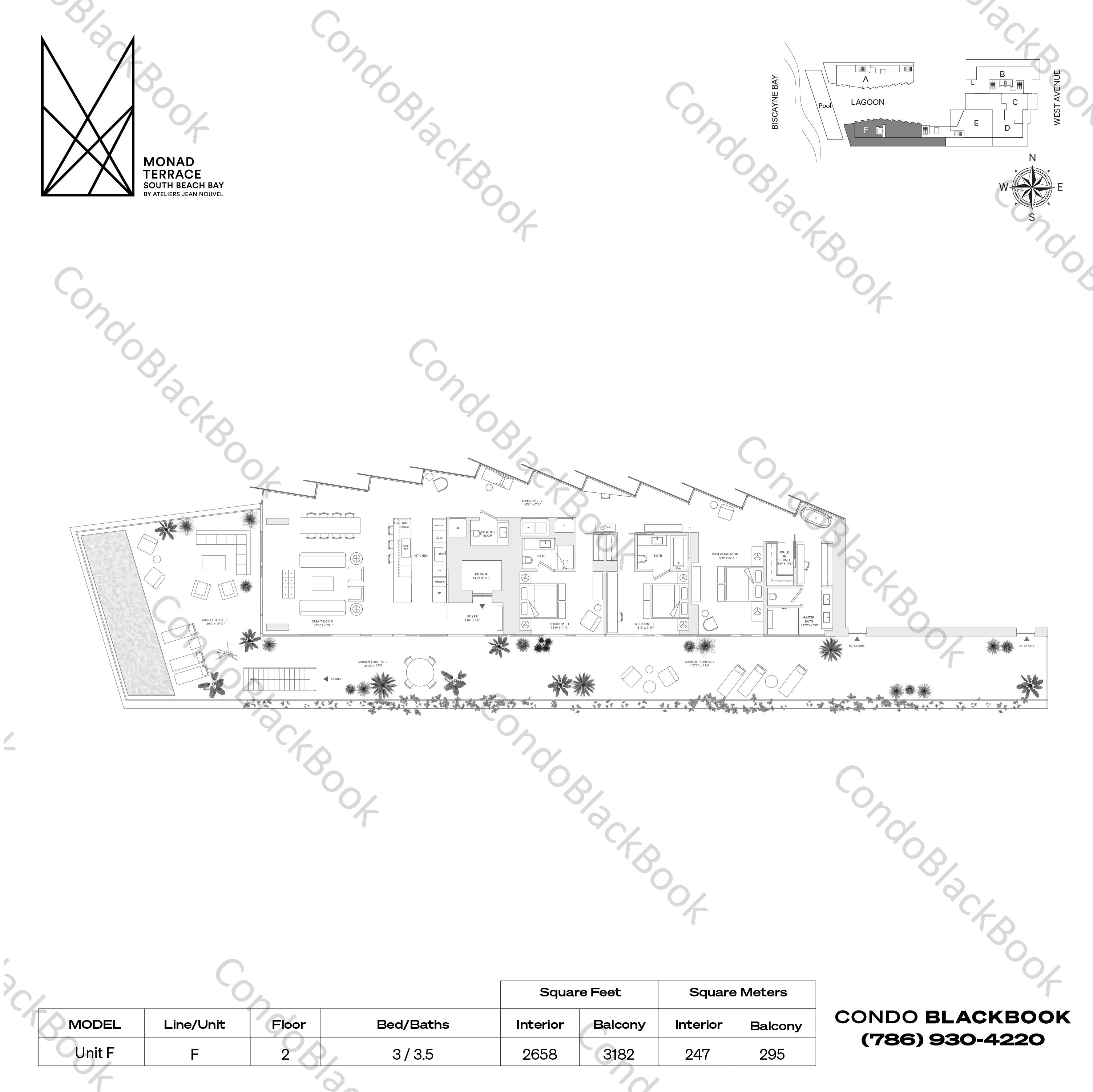 Floor plan for Monad Terrace South Beach Miami Beach, model Unit F, line F, 3 / 3.5 bedrooms, 2658 sq ft