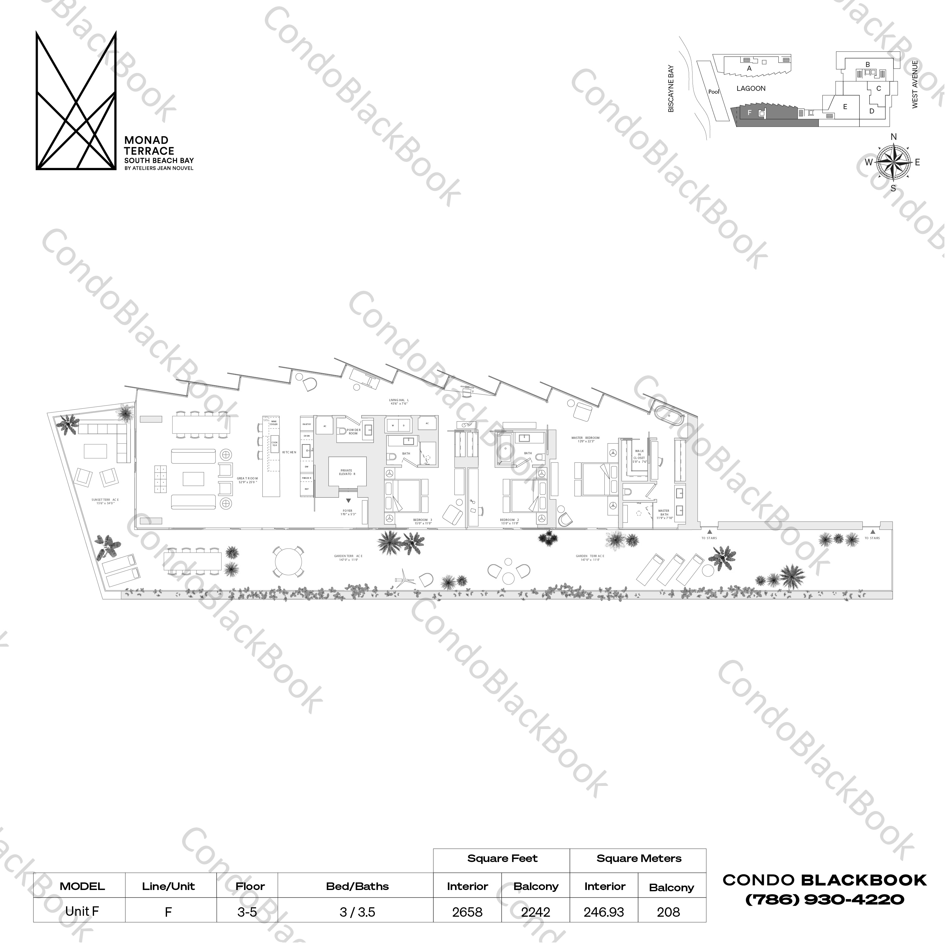 Floor plan for Monad Terrace South Beach Miami Beach, model Unit F, line F, 3 / 3.5 bedrooms, 2658 sq ft