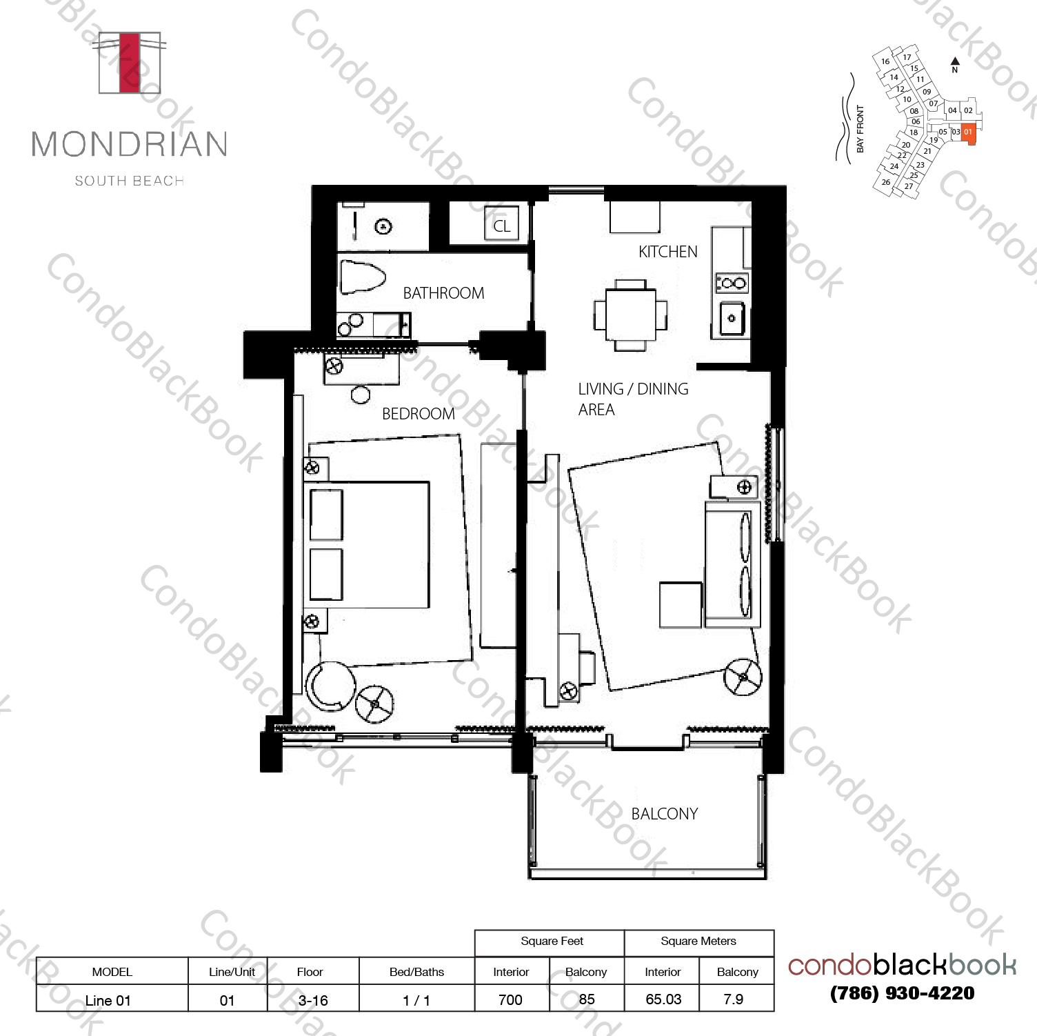 Floor plan for Mondrian South Beach Miami Beach, model Line 01, line 01, 1 / 1 bedrooms, 700 sq ft