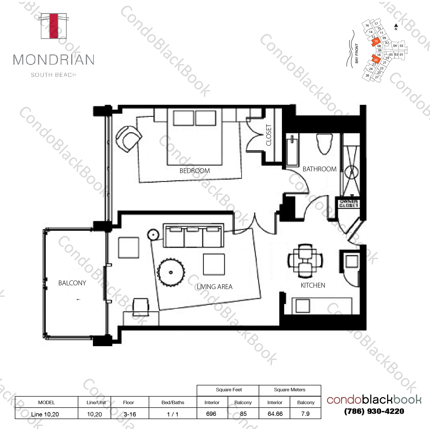 Floor plan for Mondrian South Beach Miami Beach, model Line 10,20, line 10,20, 1 / 1 bedrooms, 696 sq ft