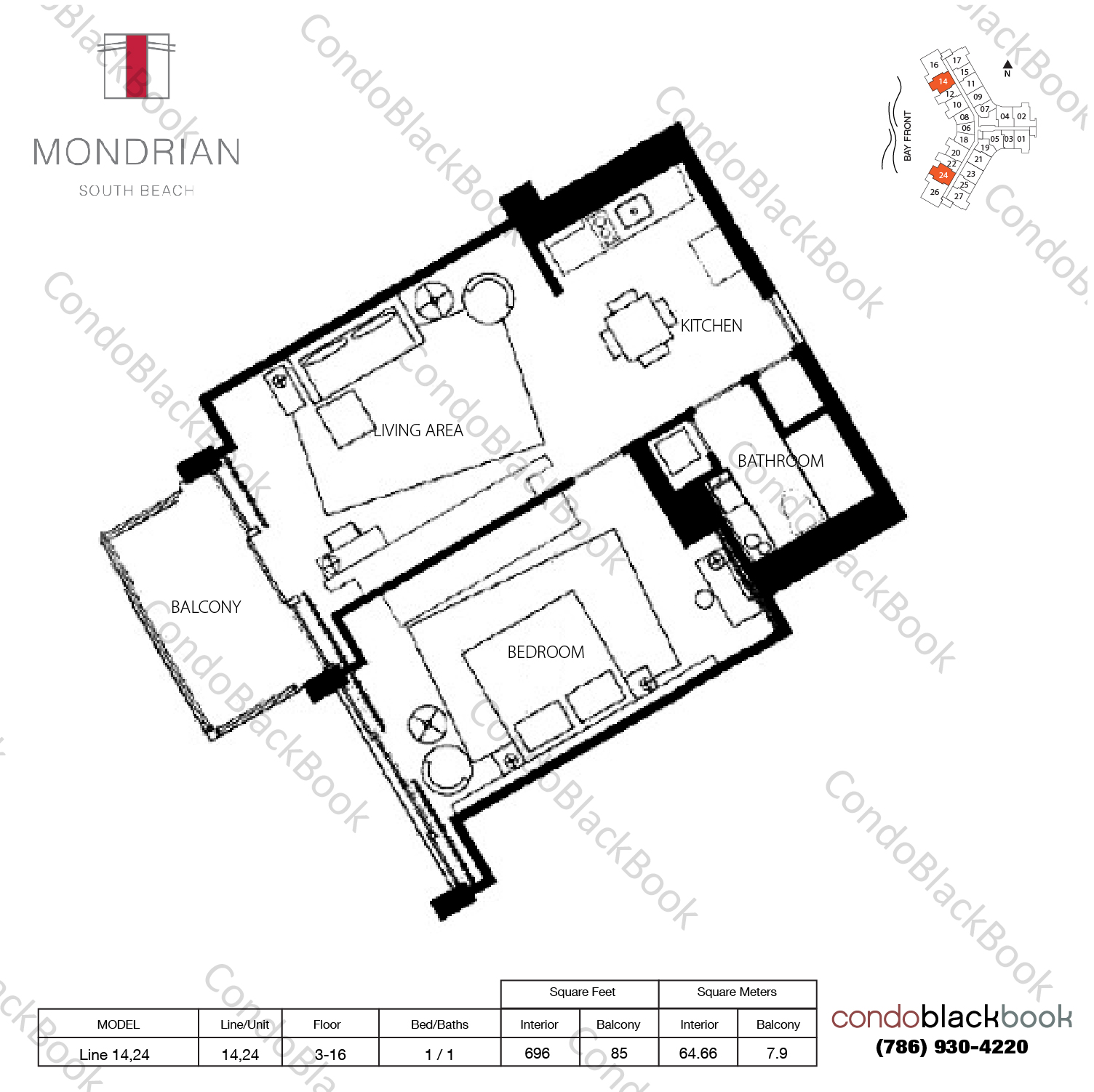 Floor plan for Mondrian South Beach Miami Beach, model Line 14,24, line 14,24, 1 / 1 bedrooms, 696 sq ft