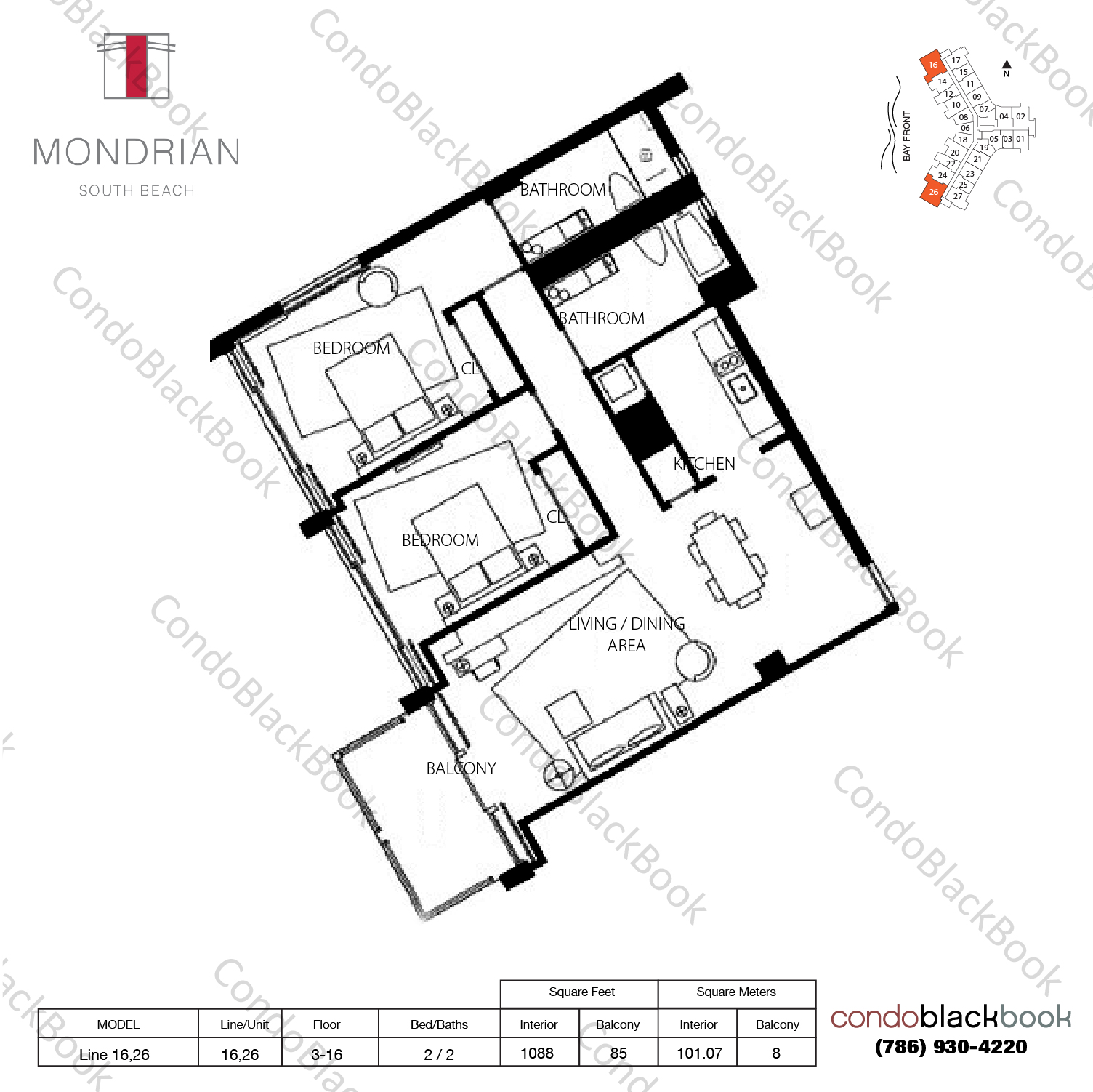 Floor plan for Mondrian South Beach Miami Beach, model Line 16,26, line 16,26, 2 / 2 bedrooms, 1088 sq ft