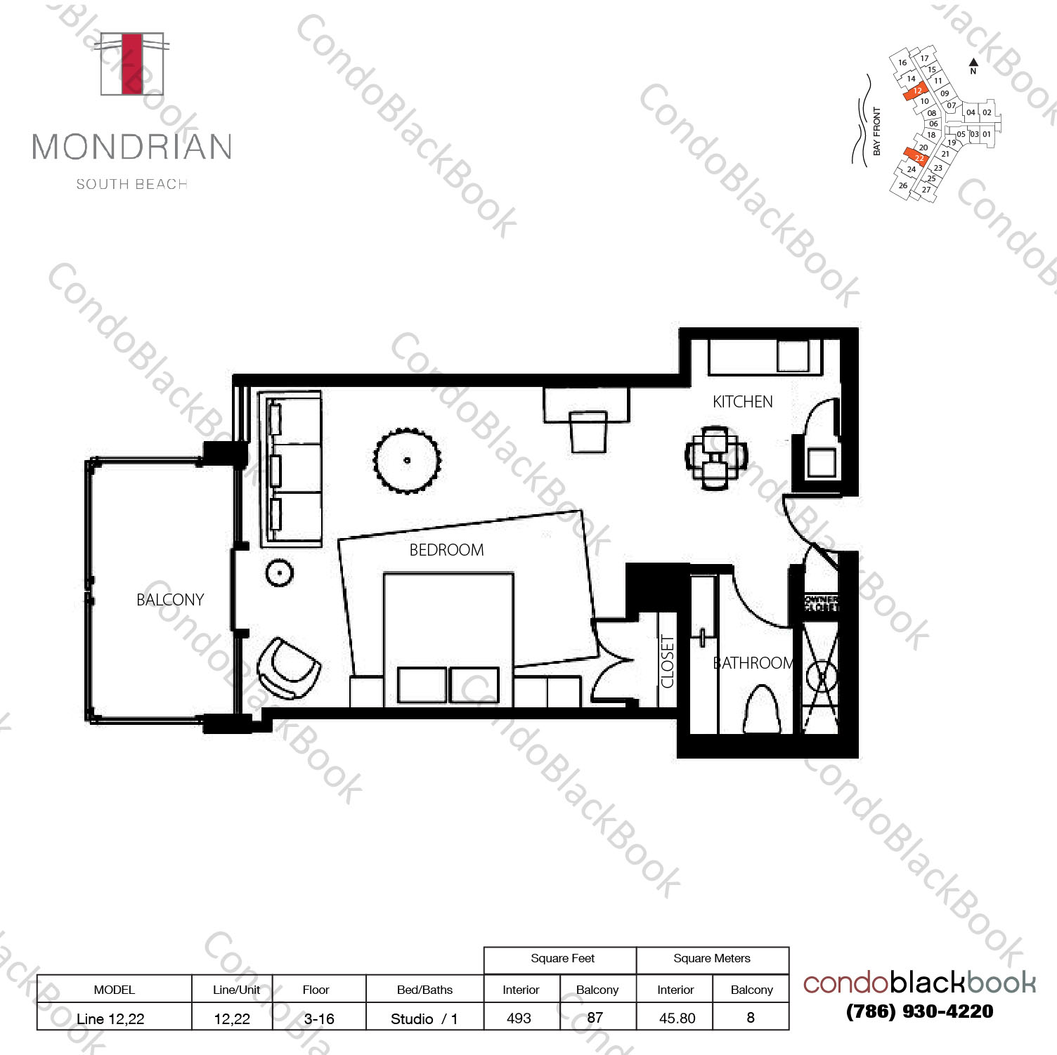 Floor plan for Mondrian South Beach Miami Beach, model Line 12,22, line 12,22, Studio / 1 bedrooms, 493 sq ft