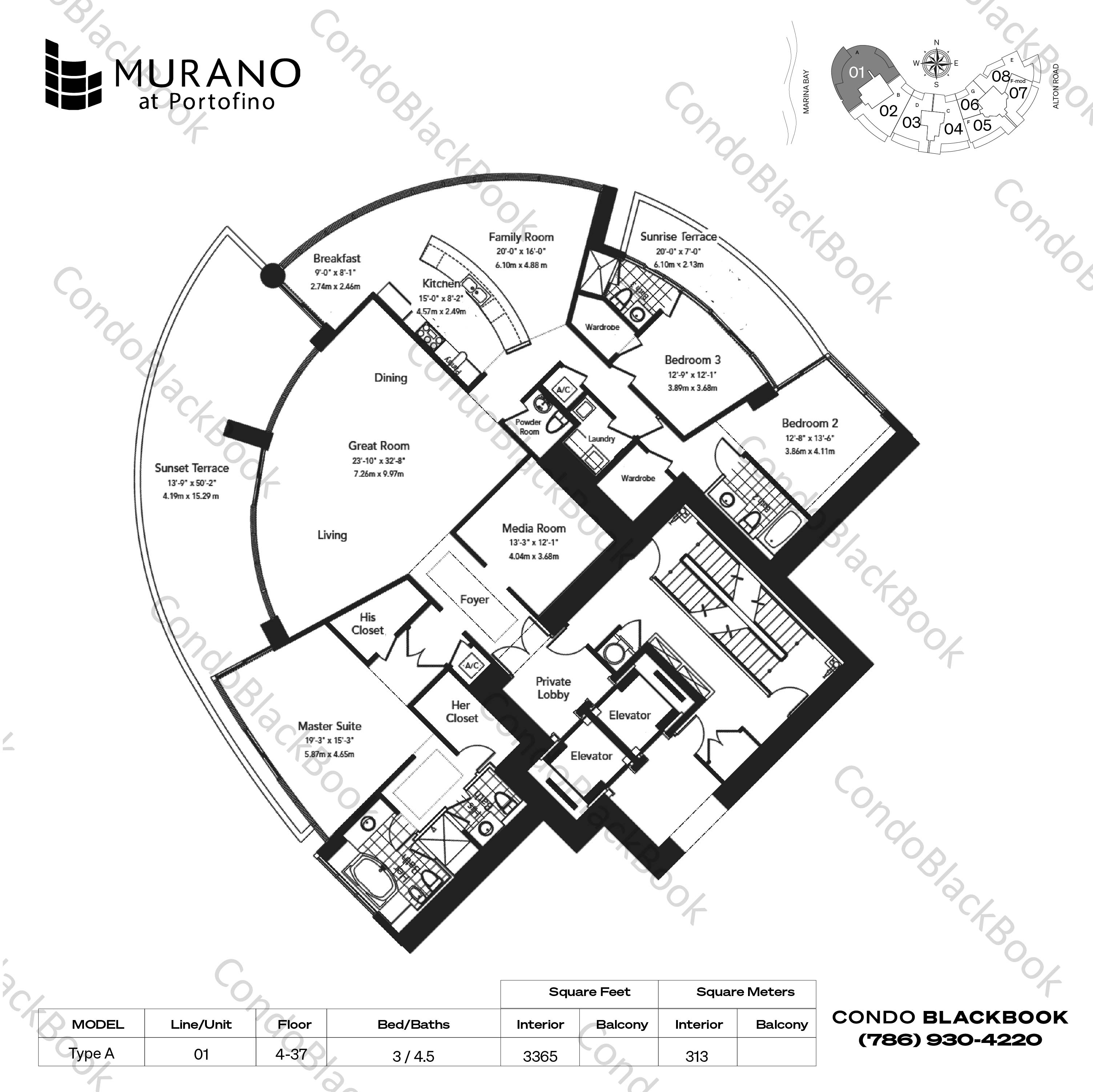 Floor plan for Murano at Portofino South Beach Miami Beach, model Type A, line 01, 3 / 4.5 bedrooms, 3365 sq ft