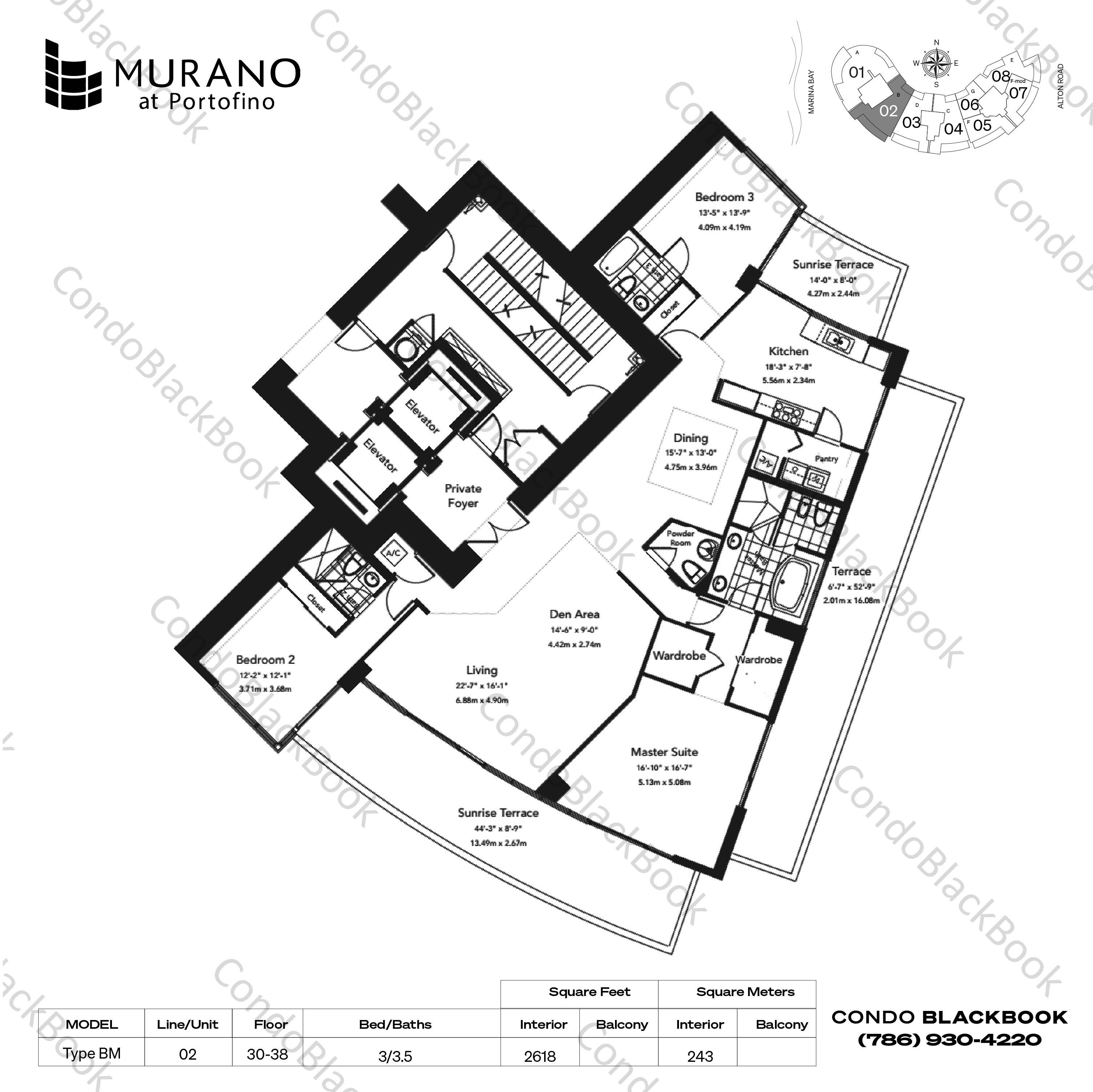 Floor plan for Murano at Portofino South Beach Miami Beach, model Type BM, line 02, 3 / 3.5 bedrooms, 2618 sq ft