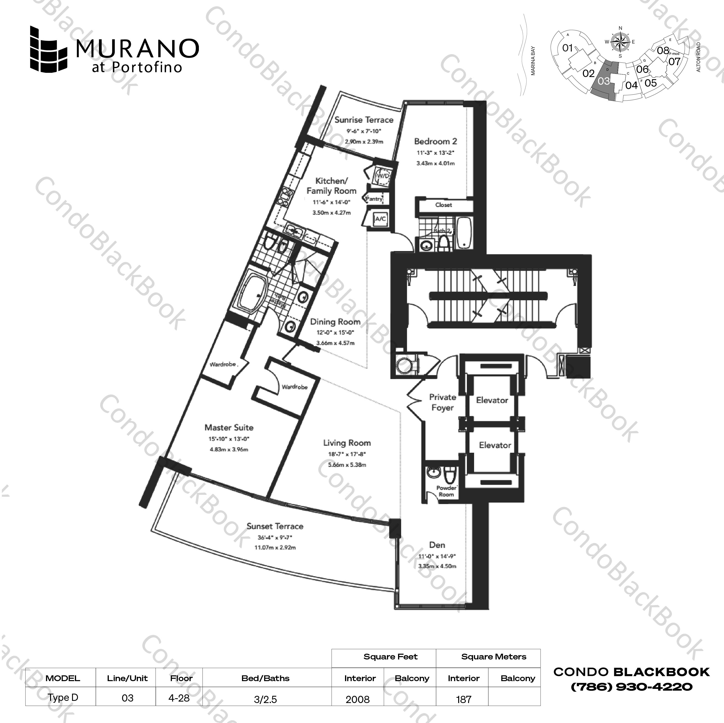 Floor plan for Murano at Portofino South Beach Miami Beach, model Type D, line 03, 3 / 2.5 bedrooms, 2008 sq ft