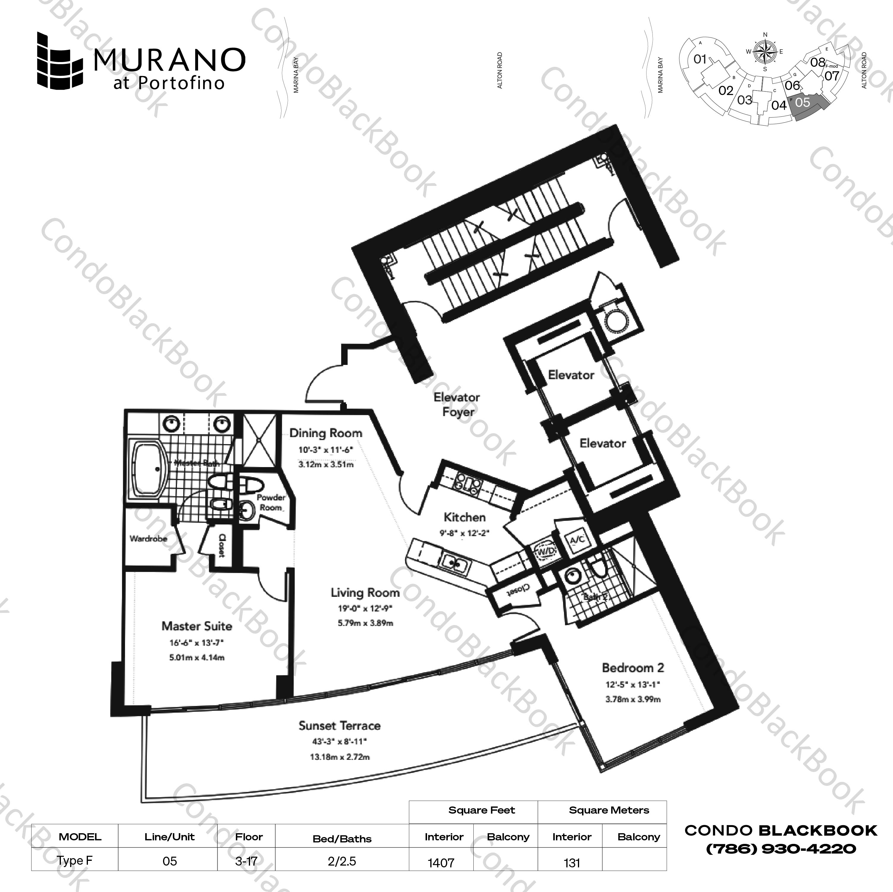 Floor plan for Murano at Portofino South Beach Miami Beach, model Type F, line 05, 2 / 2.5 bedrooms, 1407 sq ft