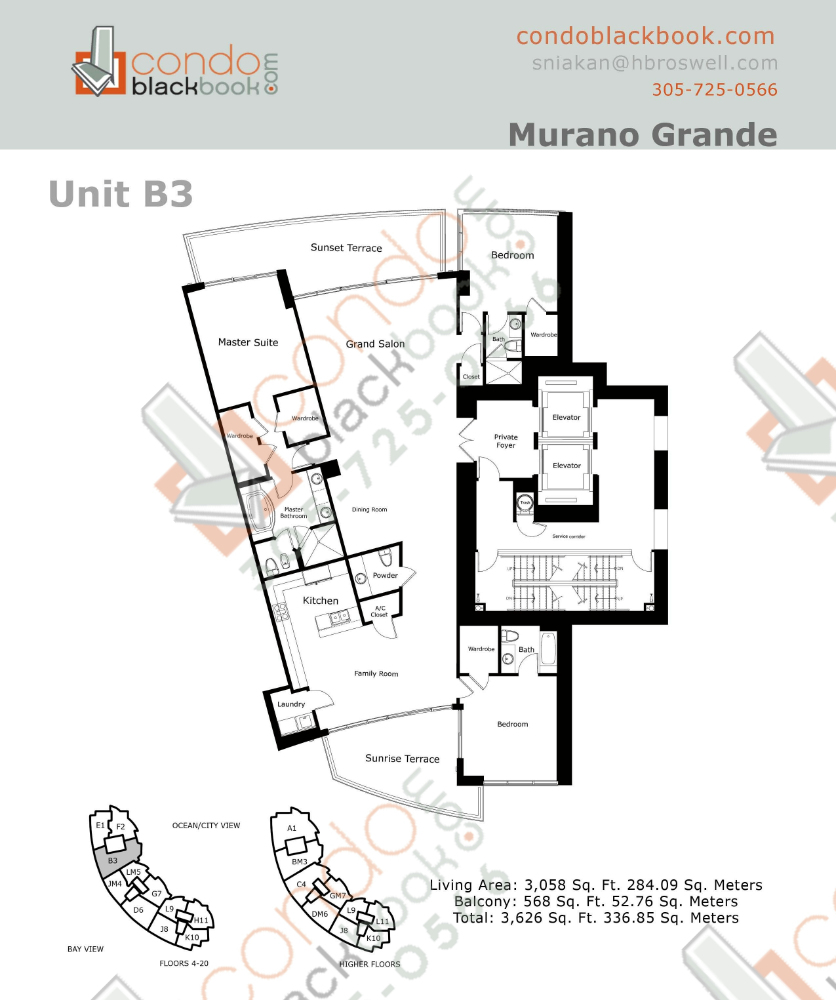 Floor plan for Murano Grande South Beach Miami Beach, model B, line 03, 3/3.5 bedrooms, 3,058 sq ft
