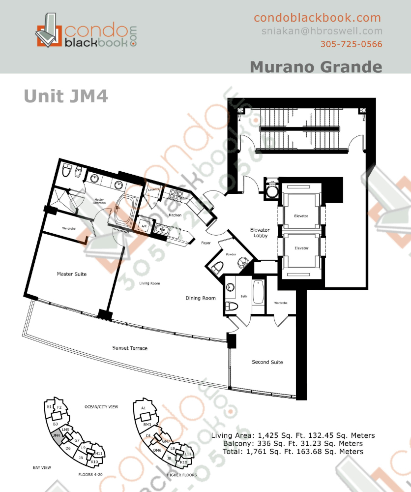 Floor plan for Murano Grande South Beach Miami Beach, model JM, line 04, 2/2.5 bedrooms, 1,425 sq ft