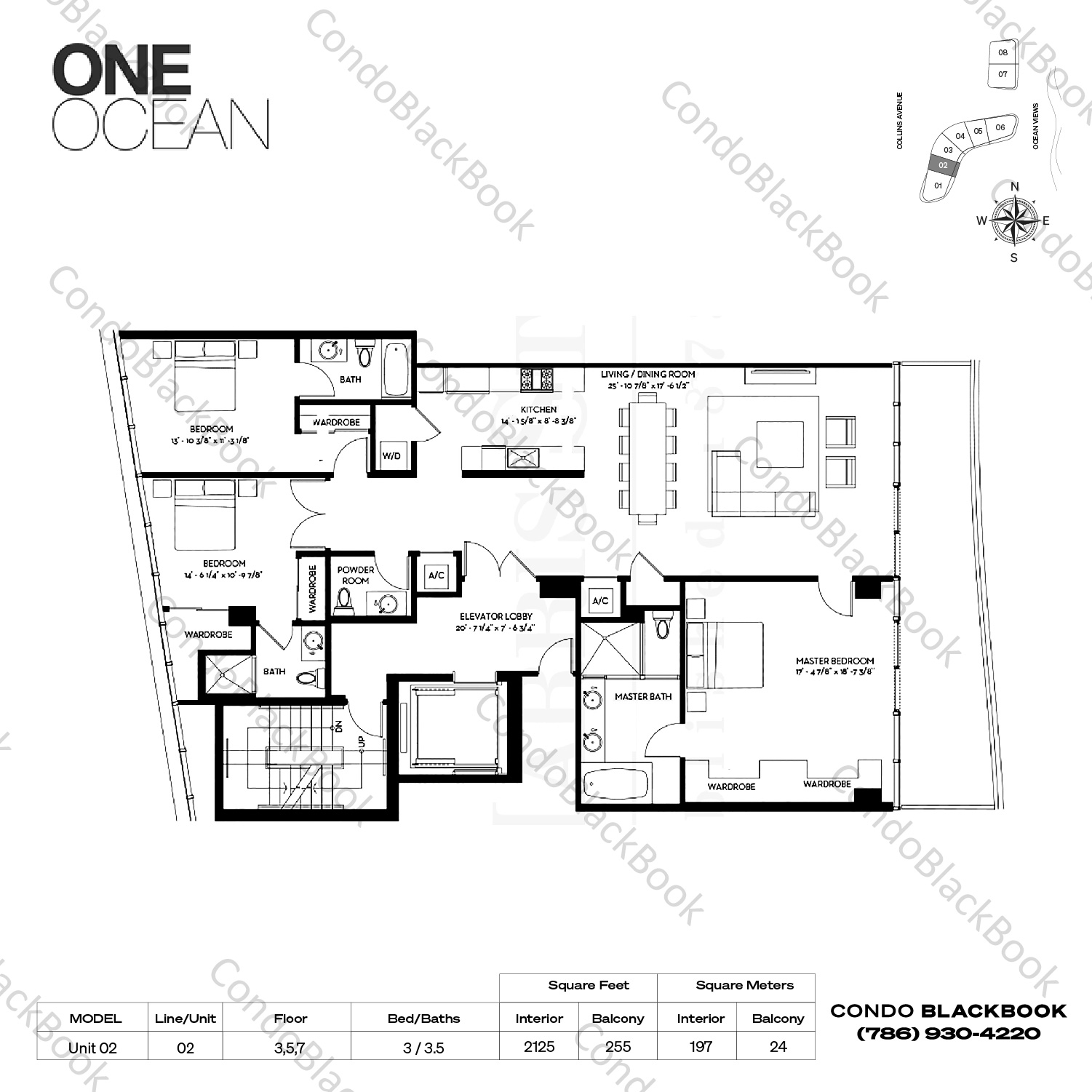 Floor plan for One Ocean South Beach Miami Beach, model Unit 02, line 02, 3 / 3.5 bedrooms, 2125 sq ft