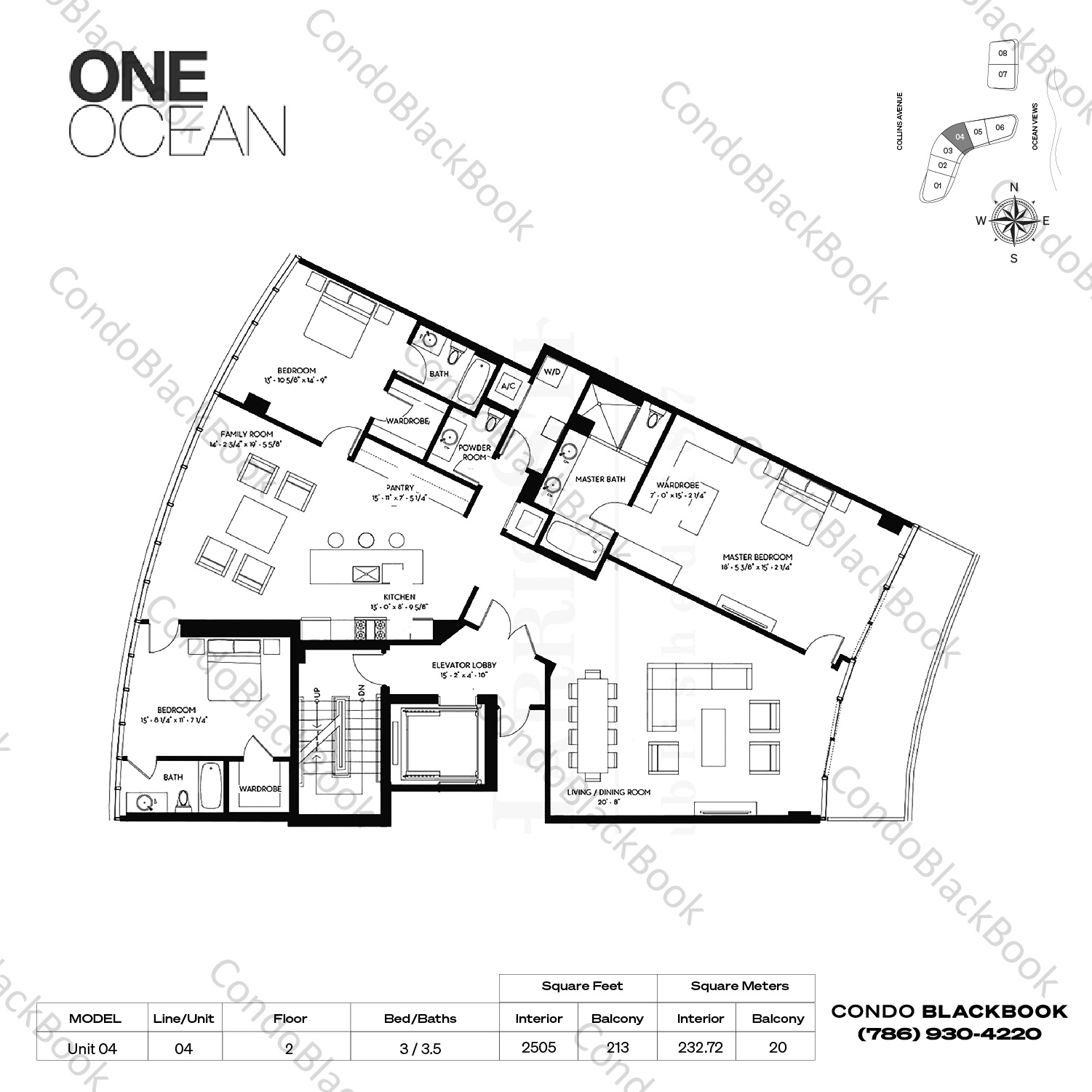 Floor plan for One Ocean South Beach Miami Beach, model Unit 04, line 04, 3 / 3.5 bedrooms, 2505 sq ft