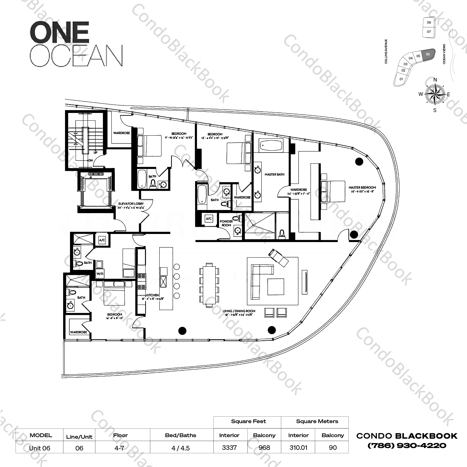 Floor plan for One Ocean South Beach Miami Beach, model Unit 06, line 06, 4 / 4.5 bedrooms, 3337 sq ft