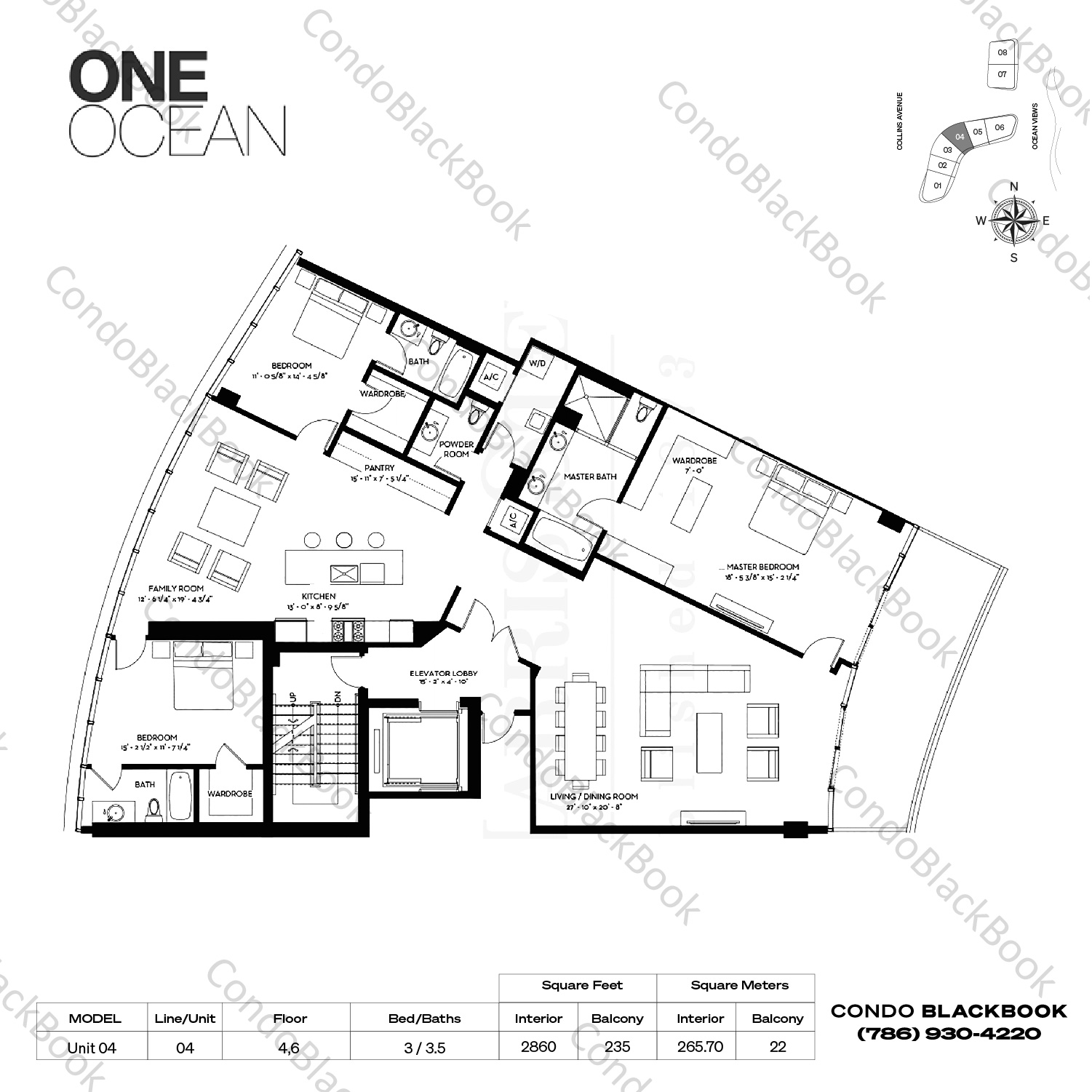 Floor plan for One Ocean South Beach Miami Beach, model Unit 04, line 04, 3 / 3.5 bedrooms, 2860 sq ft