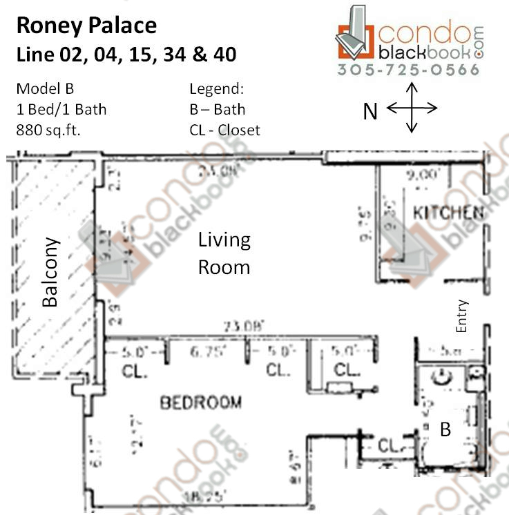 Floor plan for Roney Palace South Beach Miami Beach, model B, line 02, 04, 15, 34, 40, 1/1 bedrooms, 880 sq ft