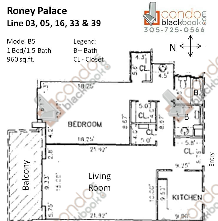 Floor plan for Roney Palace South Beach Miami Beach, model B5, line 03, 05, 16, 33, 39, 1/1.5 bedrooms, 960 sq ft