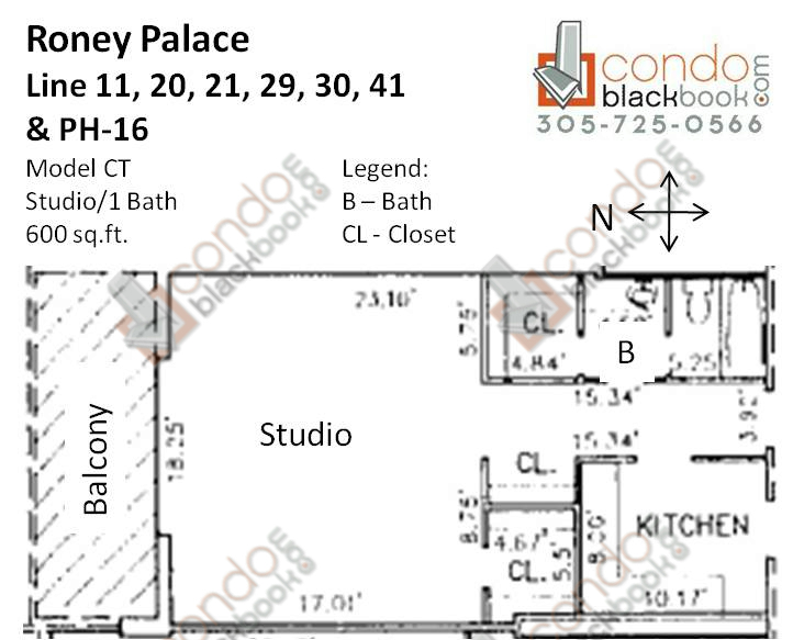 Floor plan for Roney Palace South Beach Miami Beach, model CT, line 11, 20, 21, 29, 30, 41, PH-16, Studio/1 bedrooms, 600 sq ft