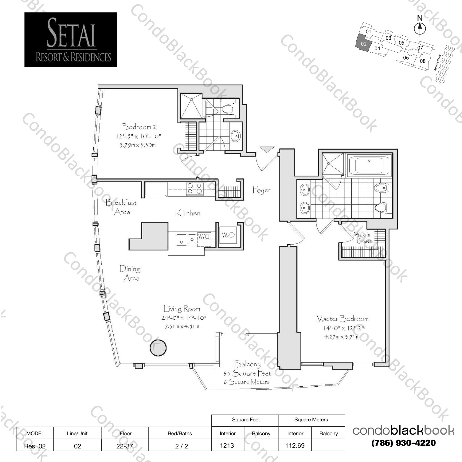 Floor plan for Setai South Beach Miami Beach, model Residence 02, line 02, 2 / 2 bedrooms, 1213 sq ft
