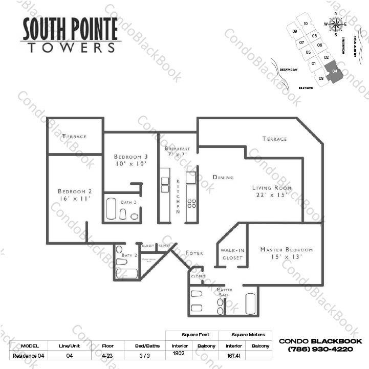 Floor plan for South Pointe Tower South Beach Miami Beach, model Residence 04, line 04, 3 / 3 bedrooms, 1802 sq ft