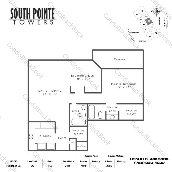Floor plan for South Pointe Tower South Beach Miami Beach, model Residence 06, line 06, 2 / 2 bedrooms, 1042 sq ft